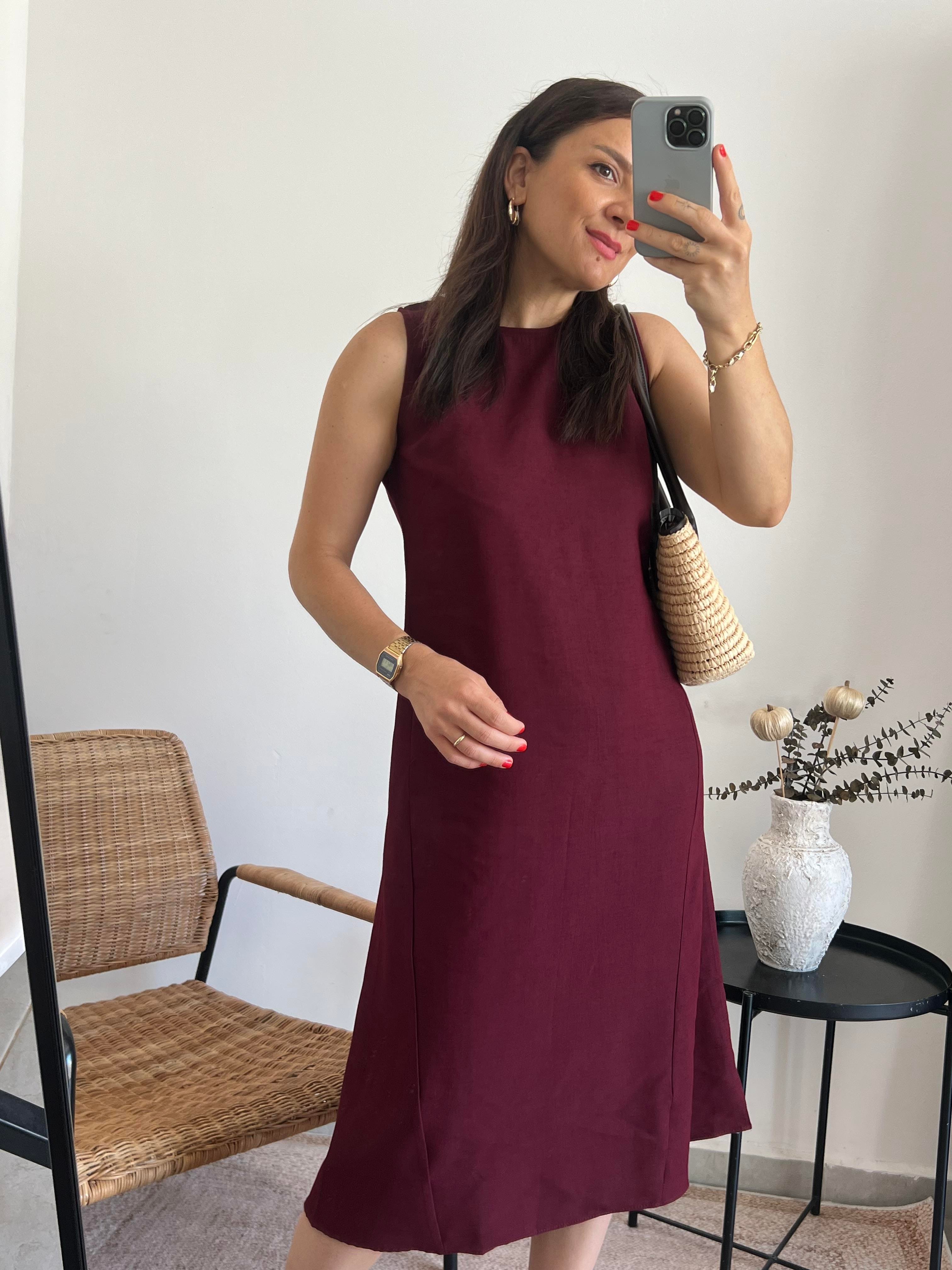 Bordo Keten Midi Boy Elbise 