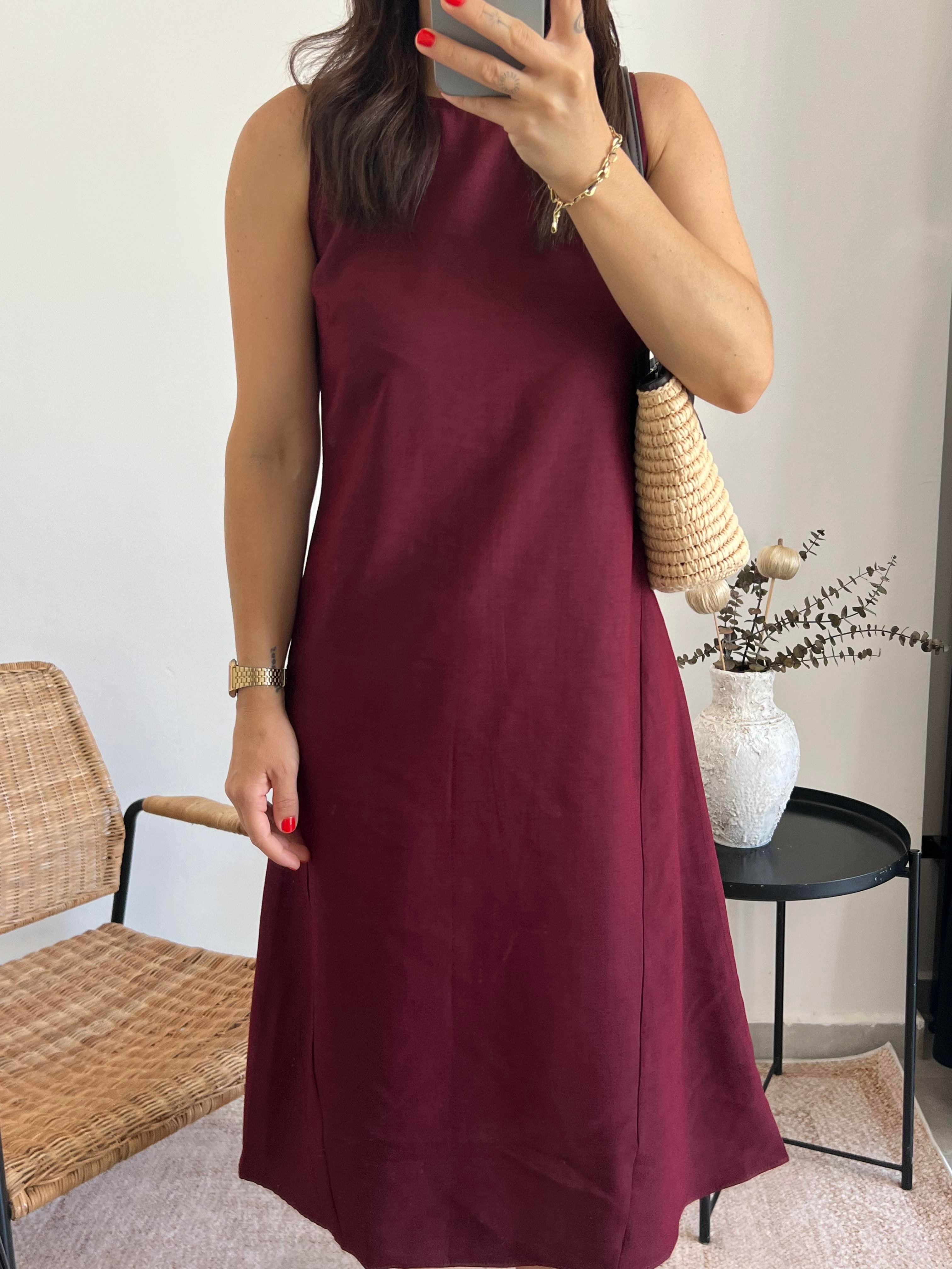 Bordo Keten Midi Boy Elbise 