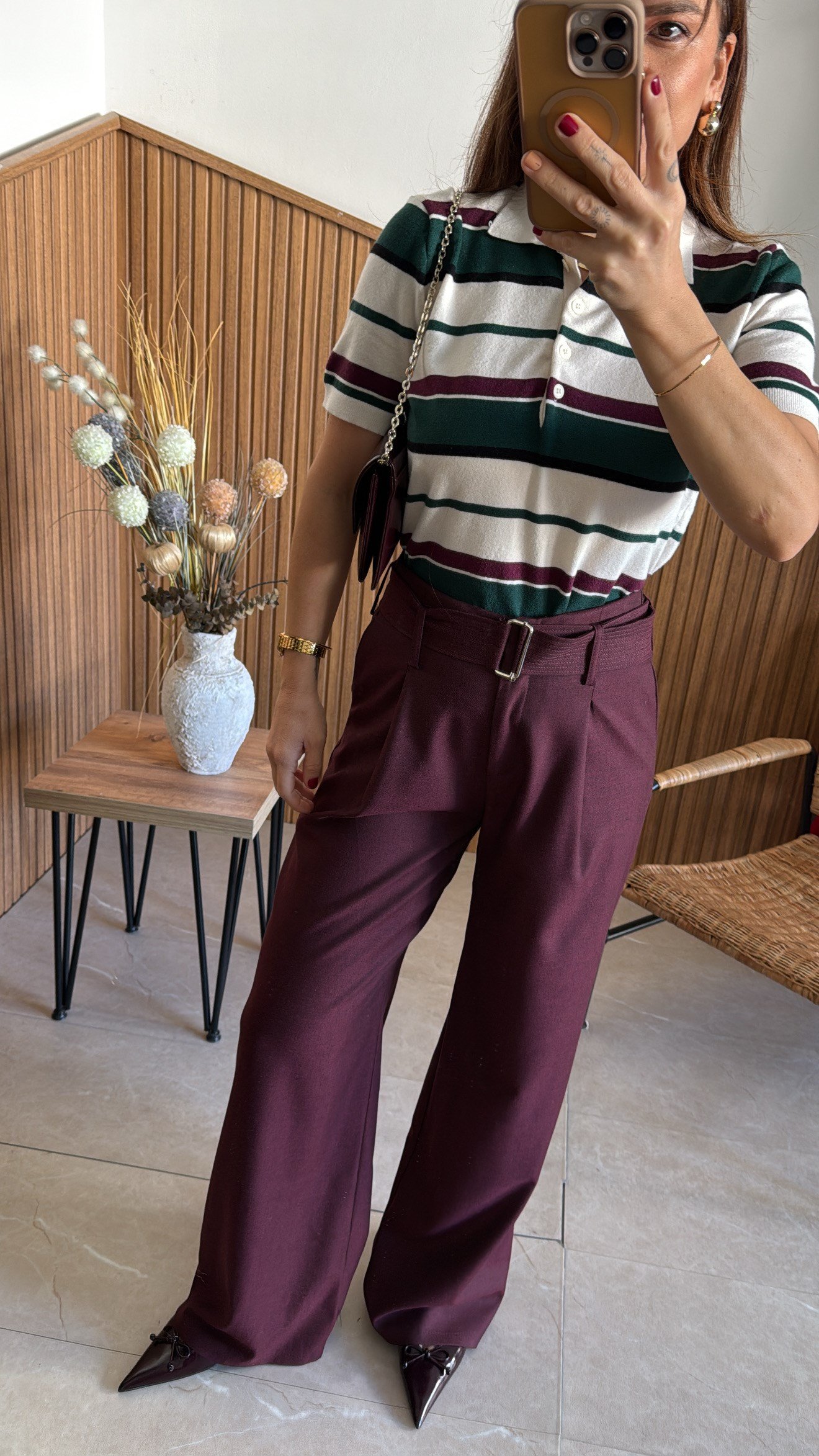 Bordo Kuşaklı Pantolon 
