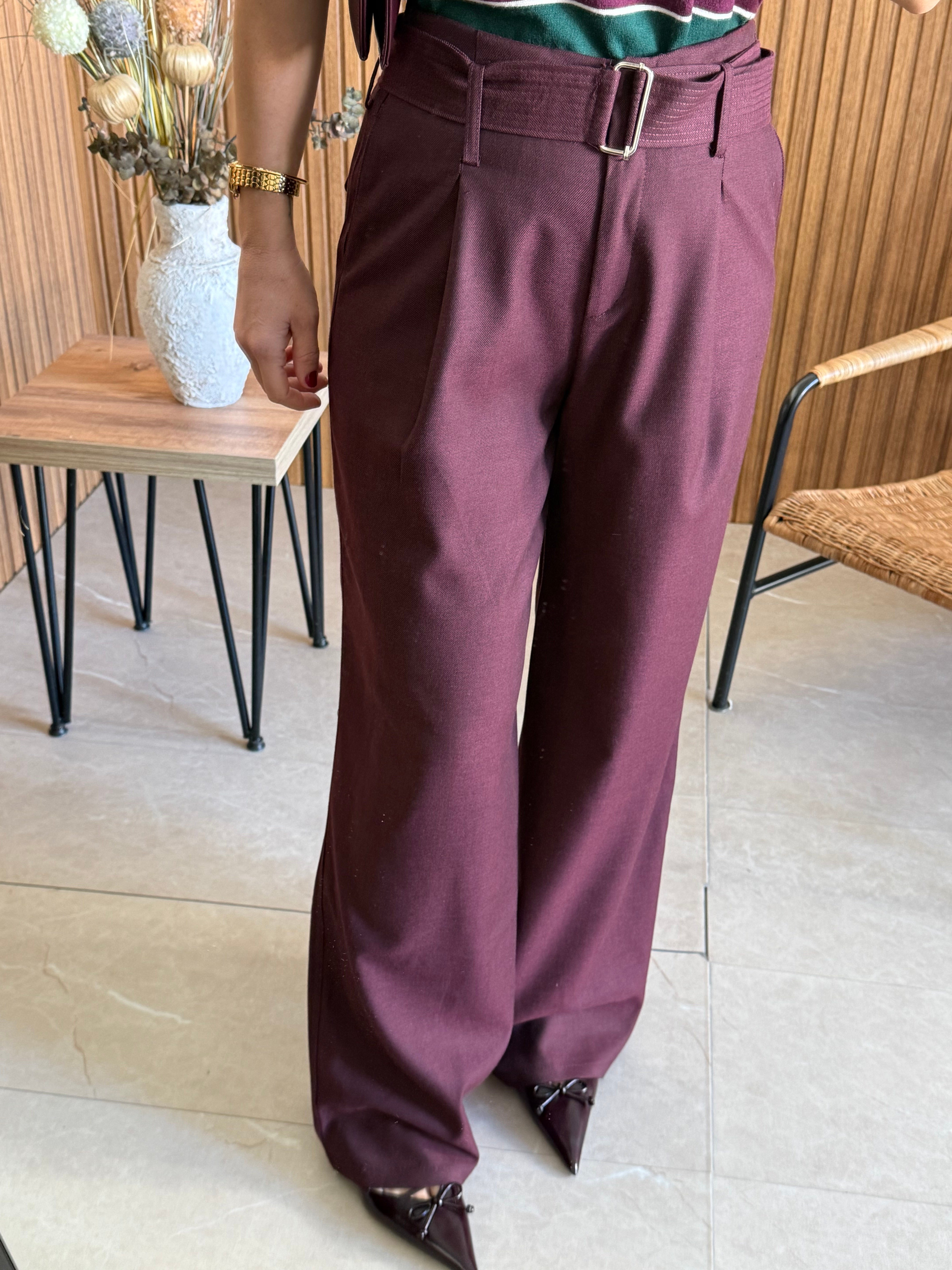 Bordo Kuşaklı Pantolon 