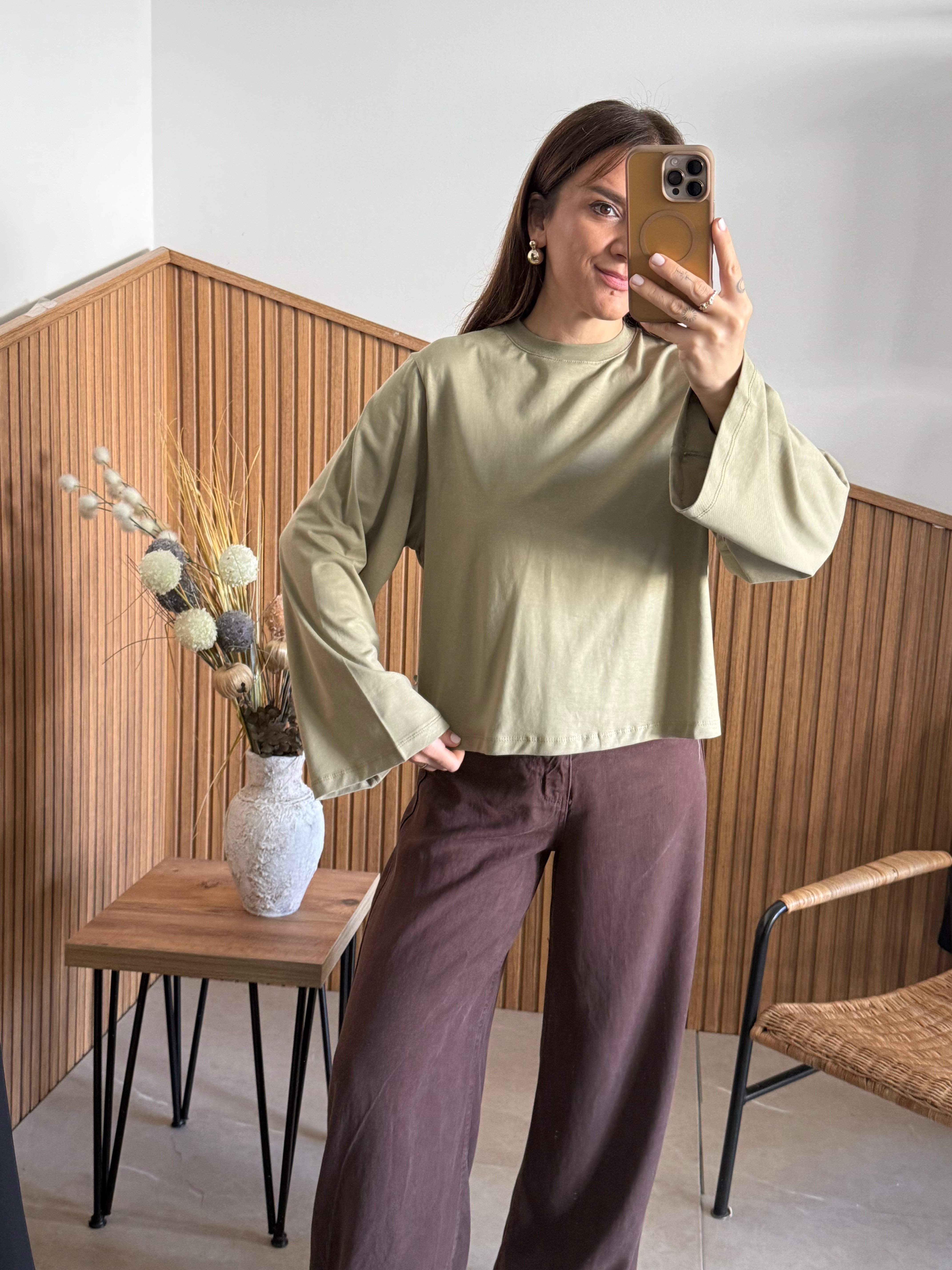 Çağla Yeşili Geniş Kol Basic Üst 