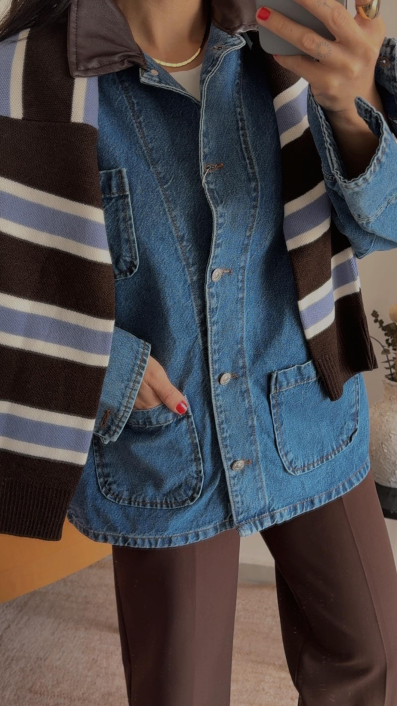 Deri Yaka Detay Jean Ceket 