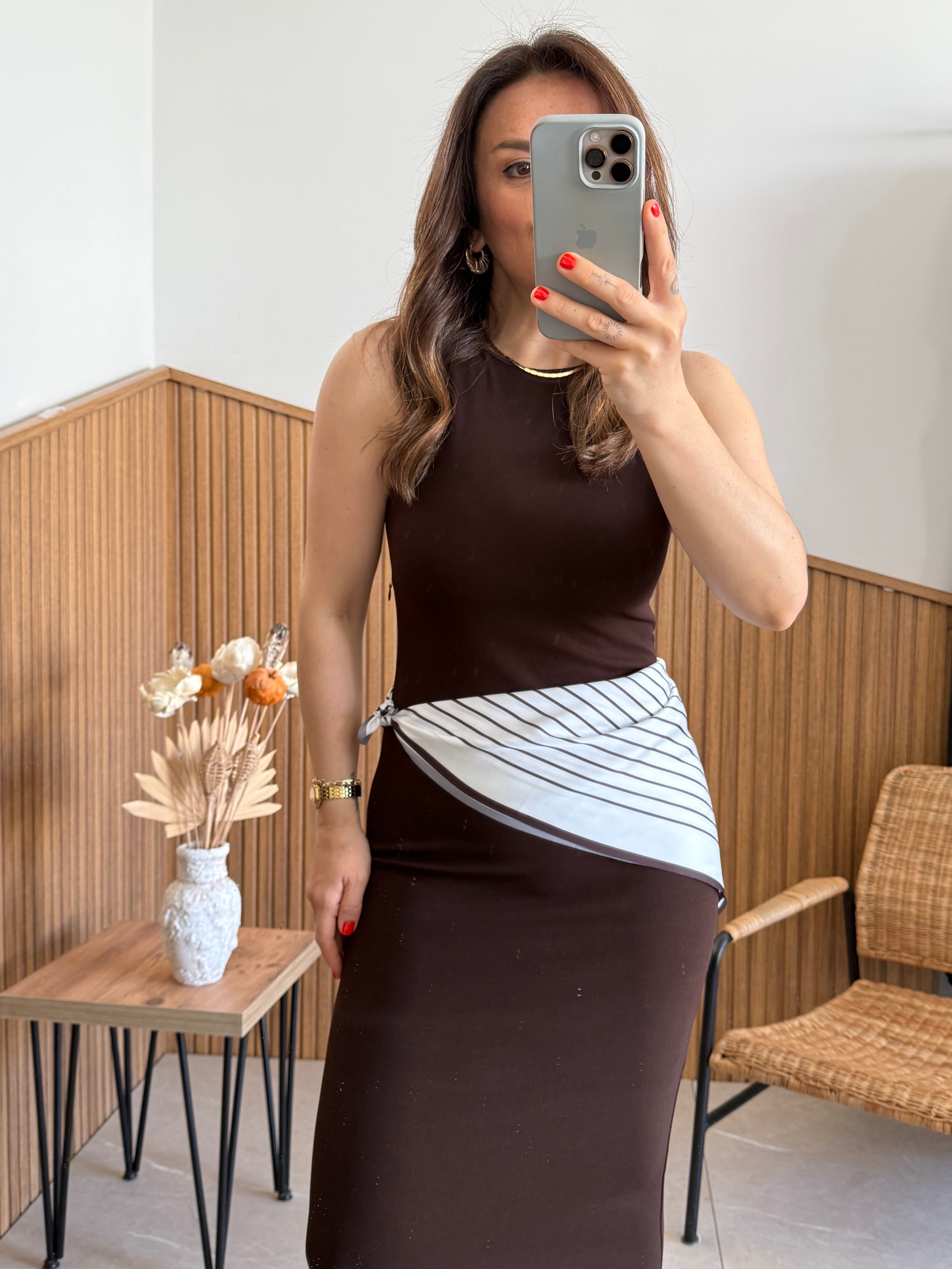 Fularlı Krep Kumaş Midi Boy Elbise 