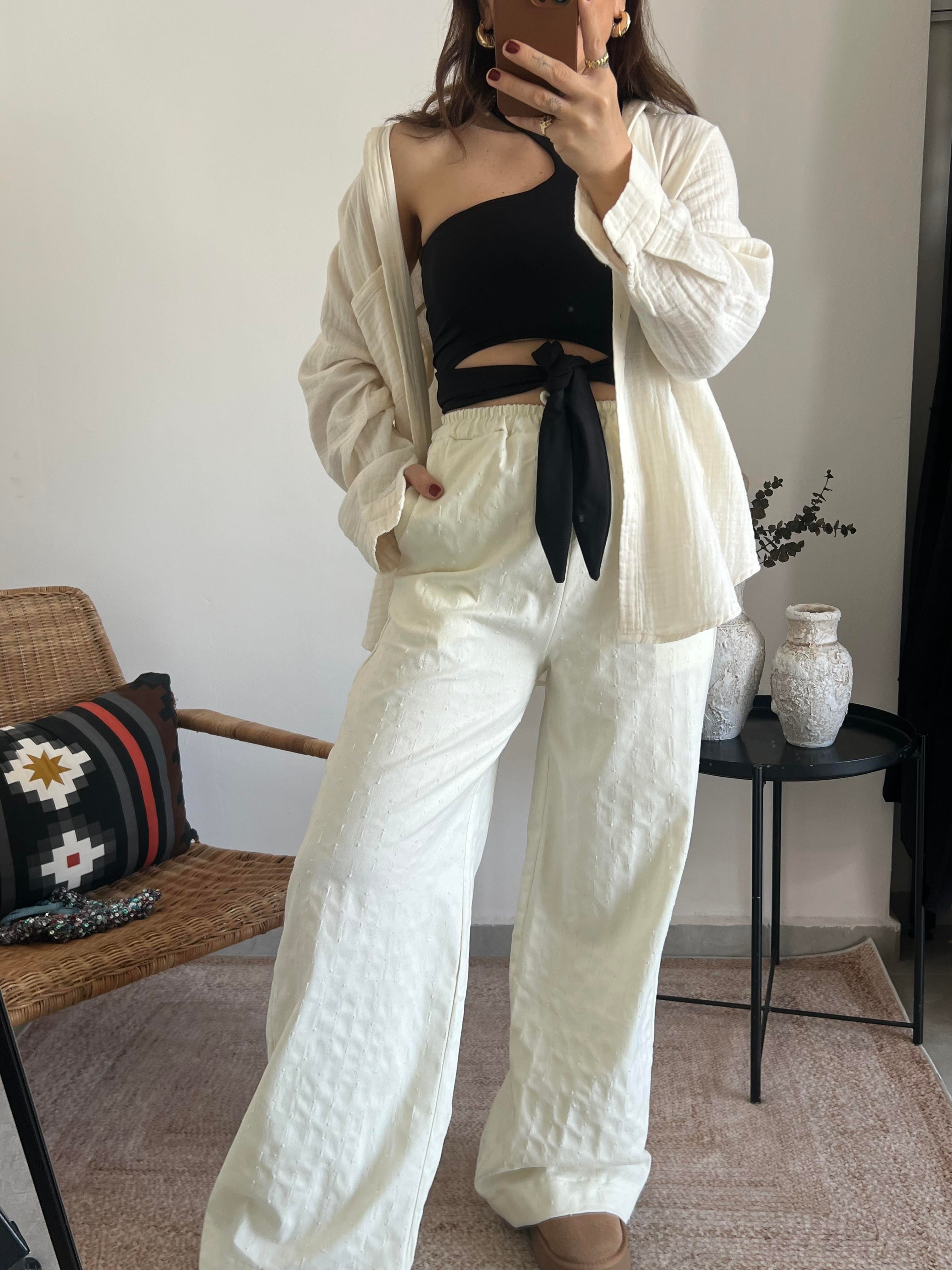 gabardin Rahat Kalıp Ekru Pantolon 