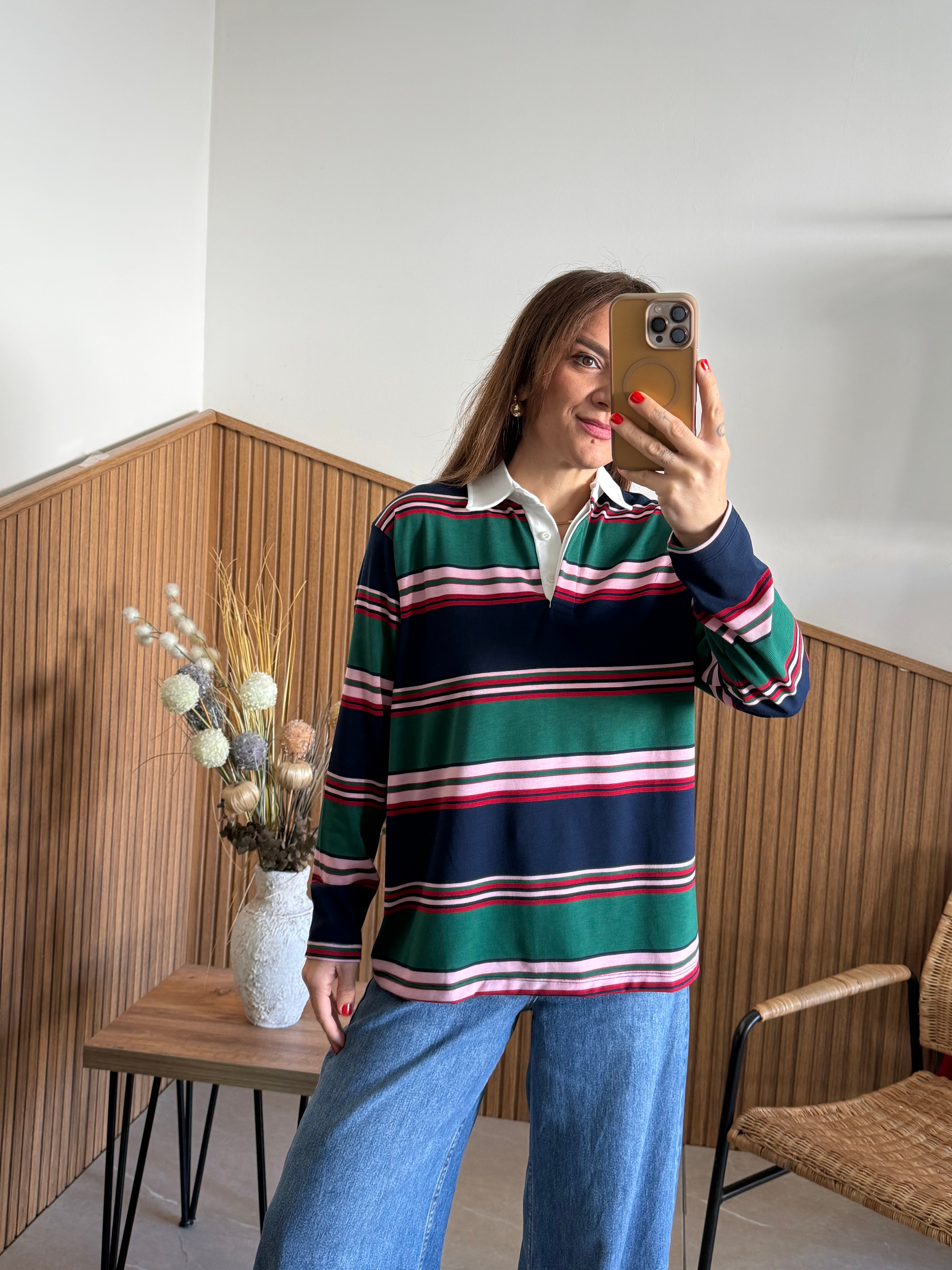 Gömlek Yaka Çizgili Oversize Basic 