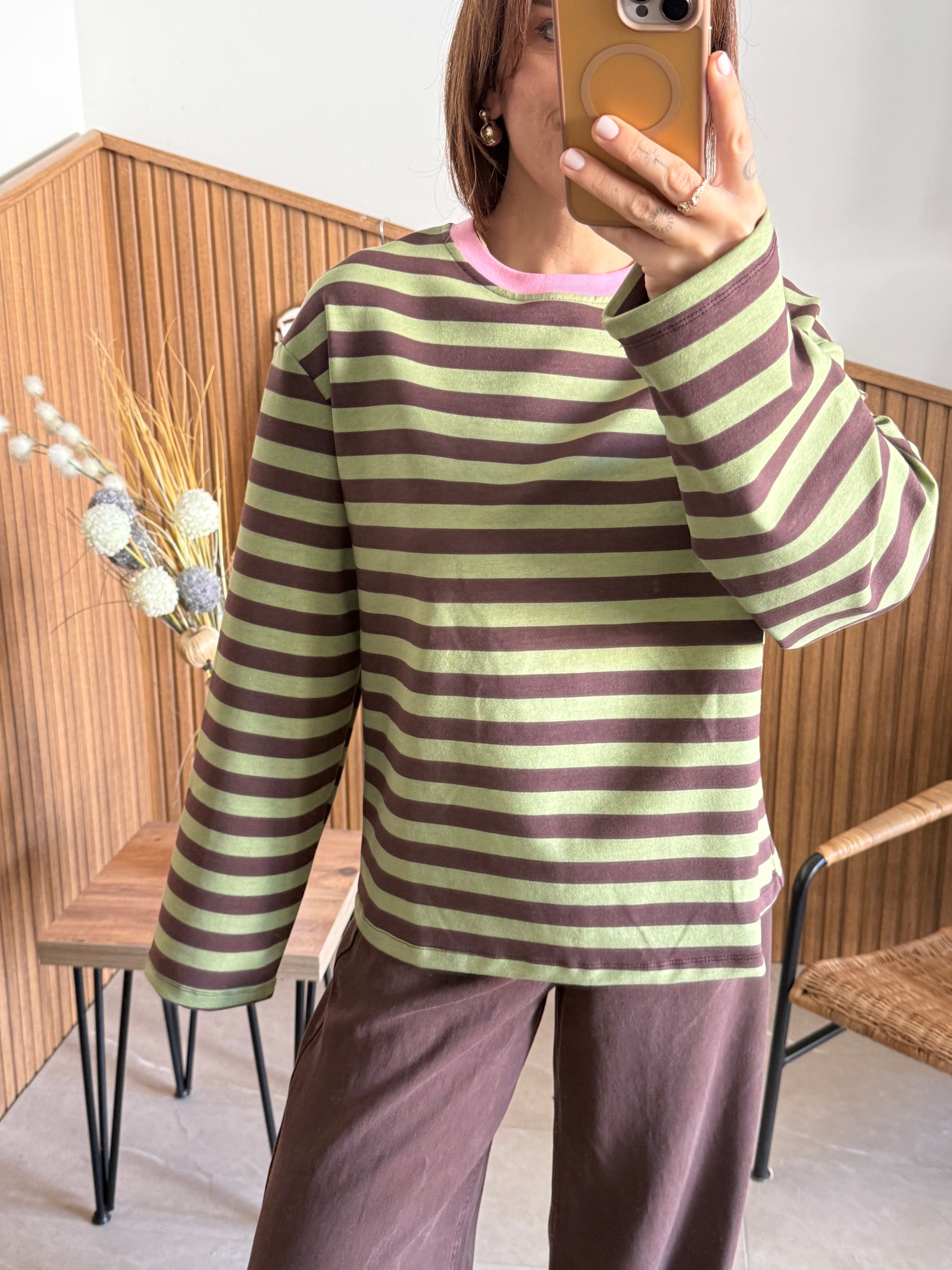 Haki Kahve Pembe Çizgili İki İplik Swaetshirt 