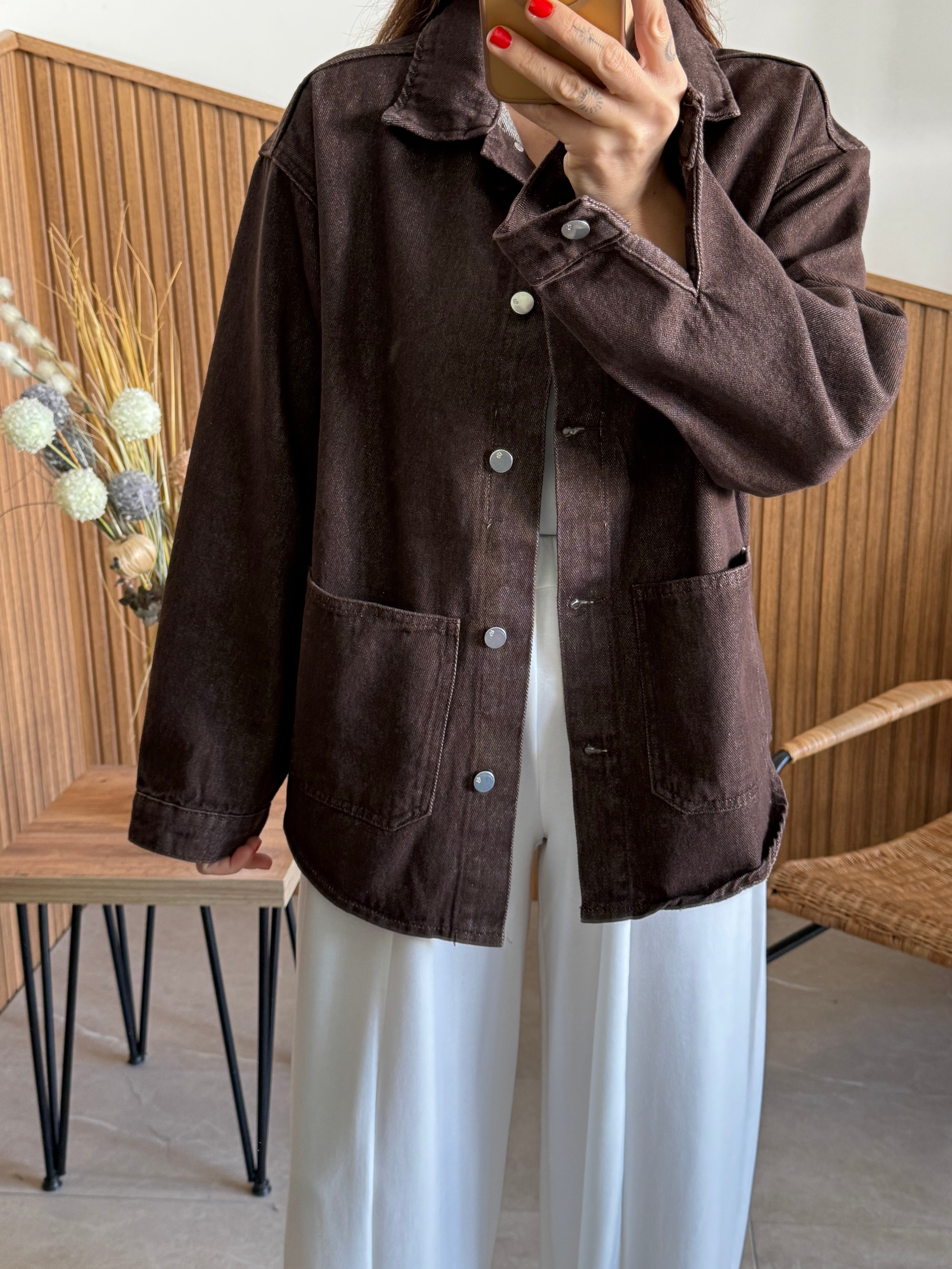 Kahve Oversize Denim Gömlek 