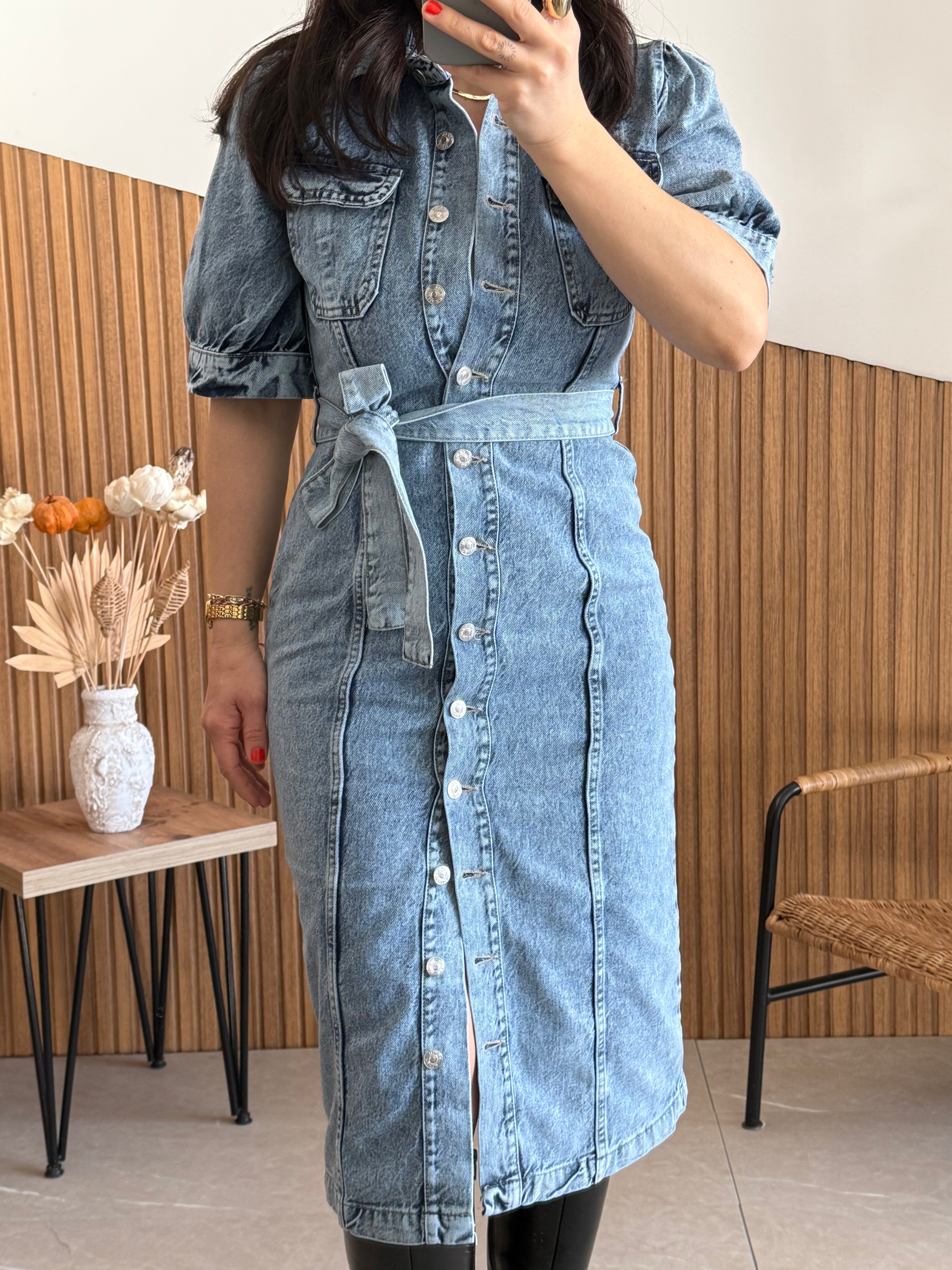 Kar Yıkama Açık Mavi Denim Elbise 