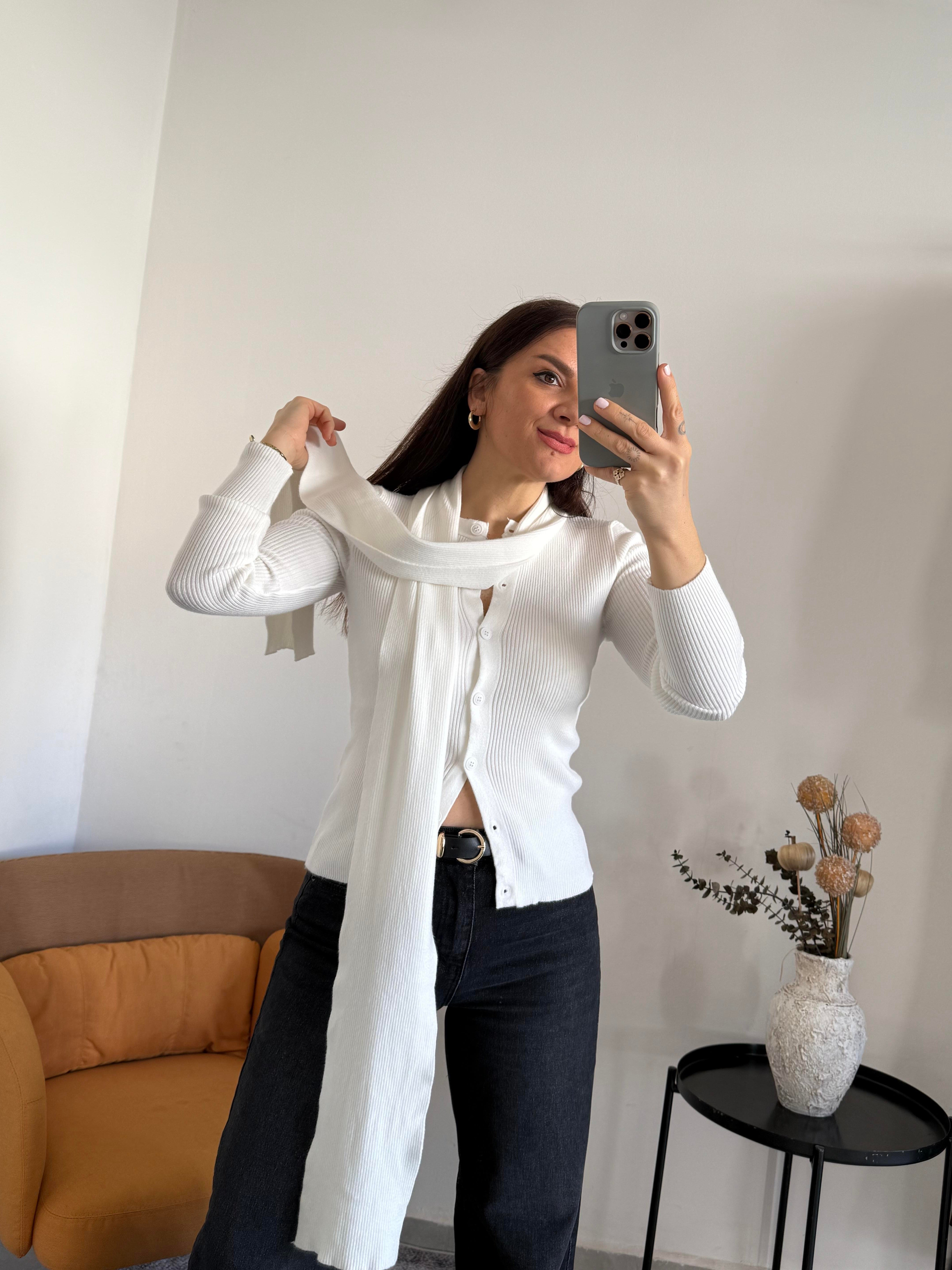 Kendinden Şallı Hırka Beyaz 