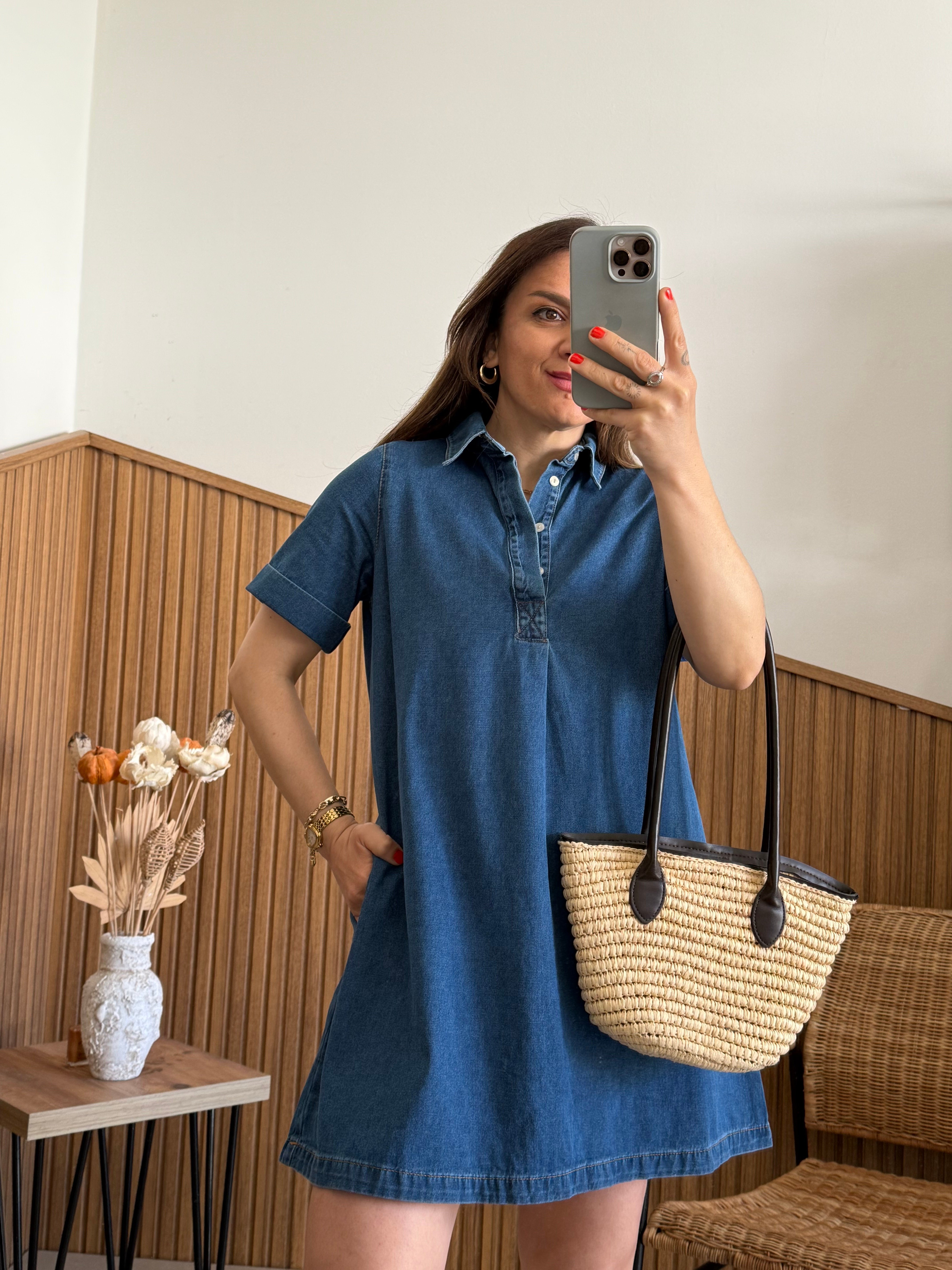 Kısa Kollu A Kesim Denim Cepli Elbise 
