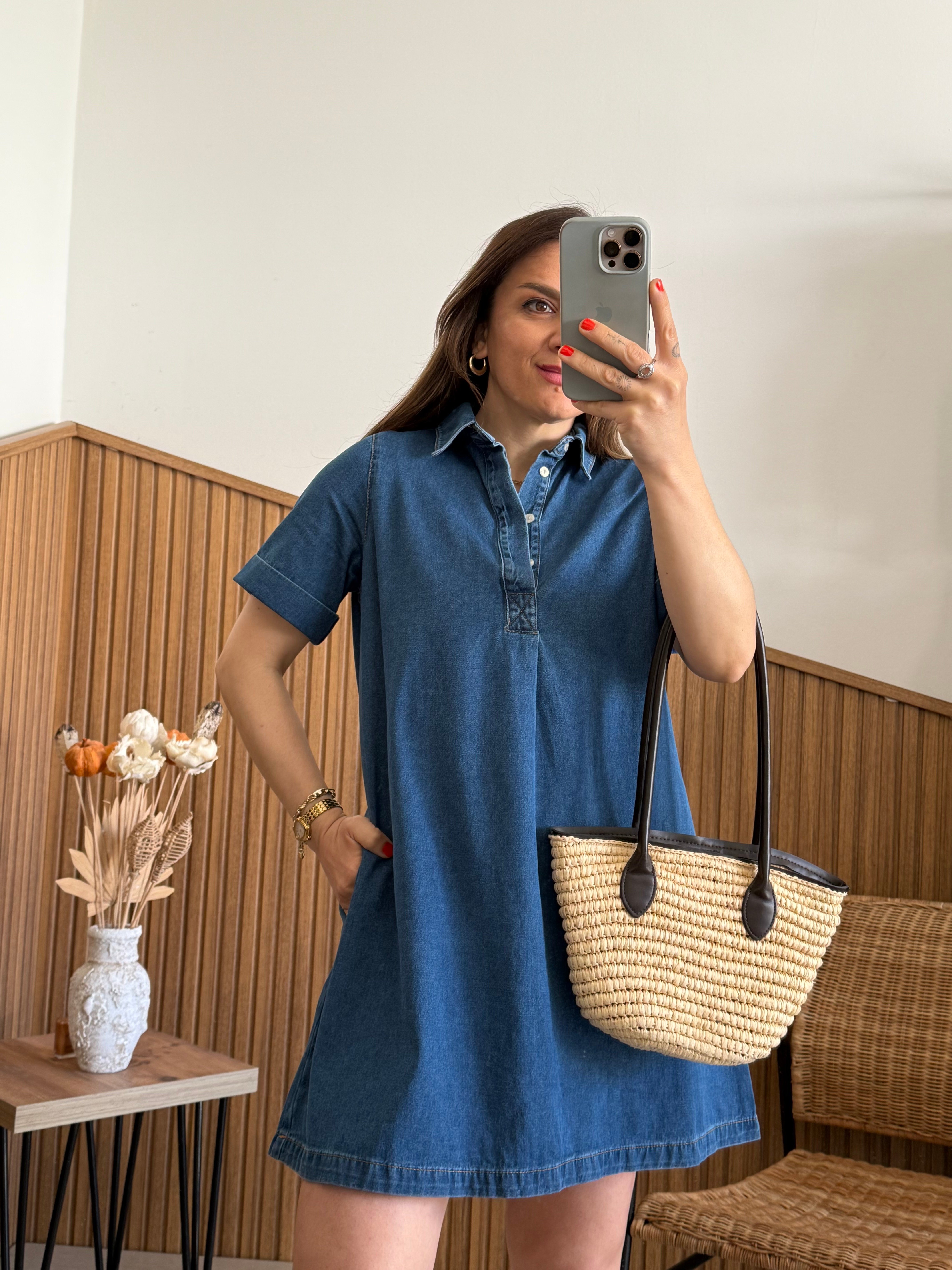 Kısa Kollu A Kesim Denim Cepli Elbise 