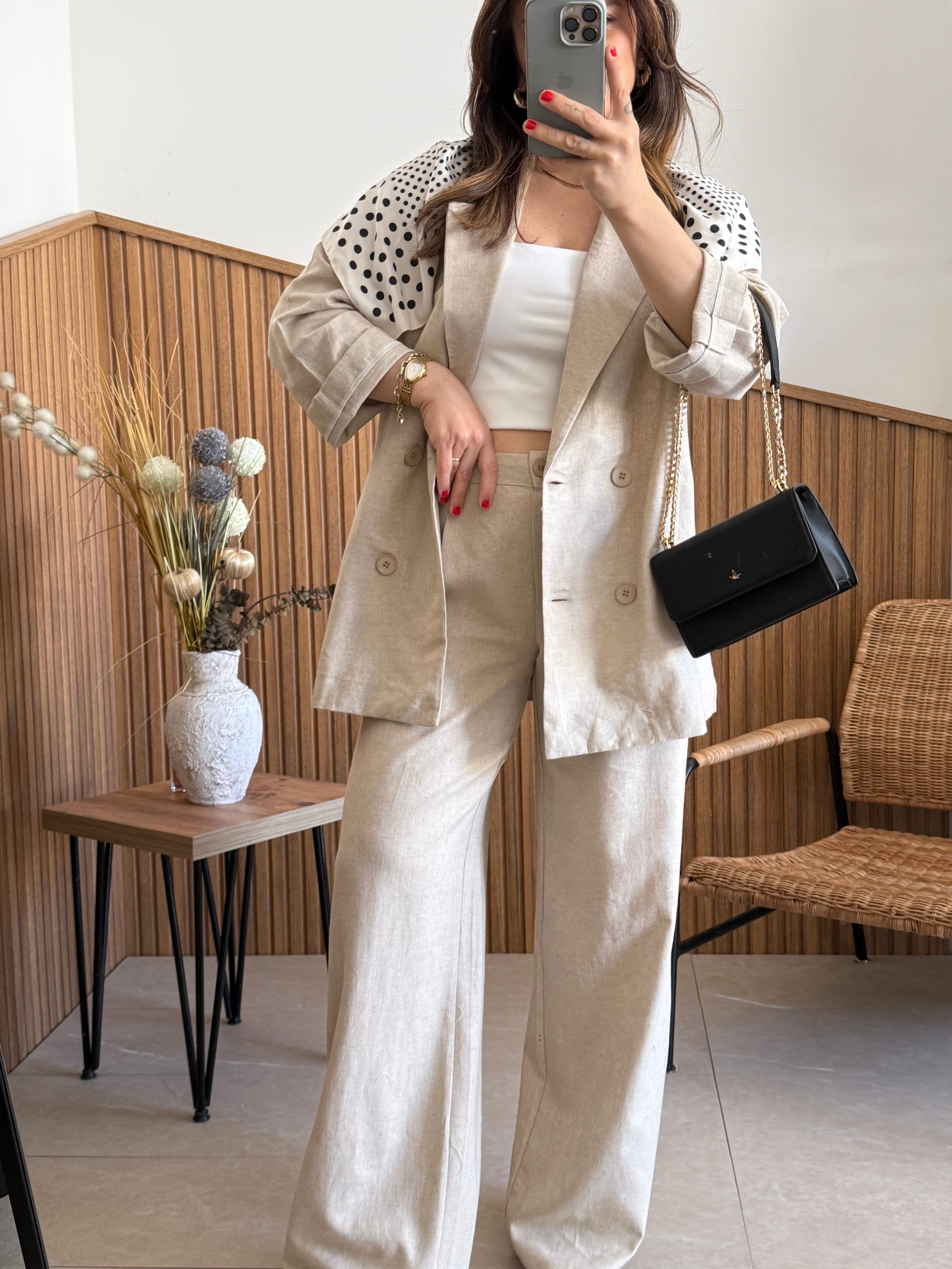 Kruvaze Kapama Keten Oversize Ceket 