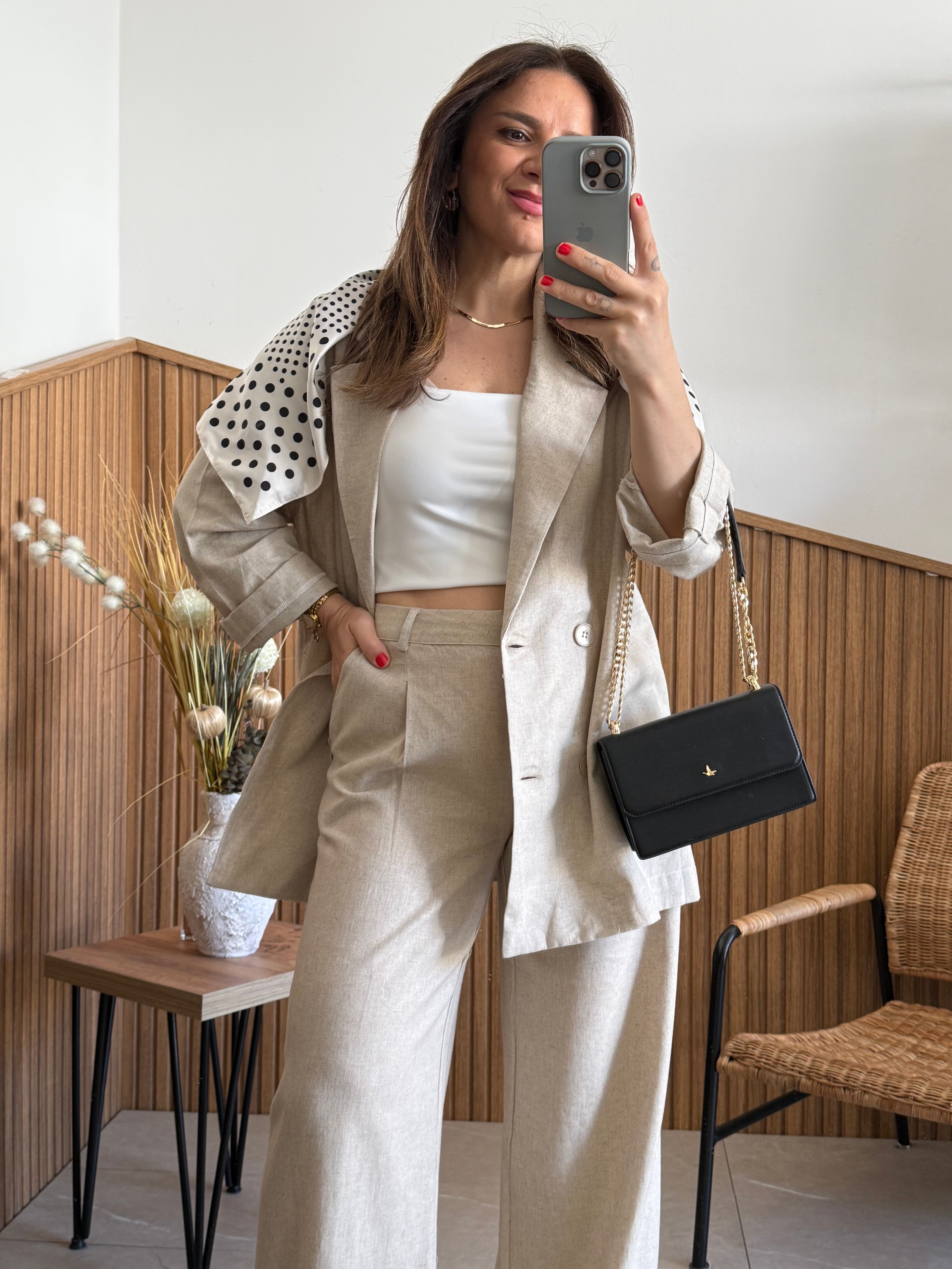 Kruvaze Kapama Keten Oversize Ceket 
