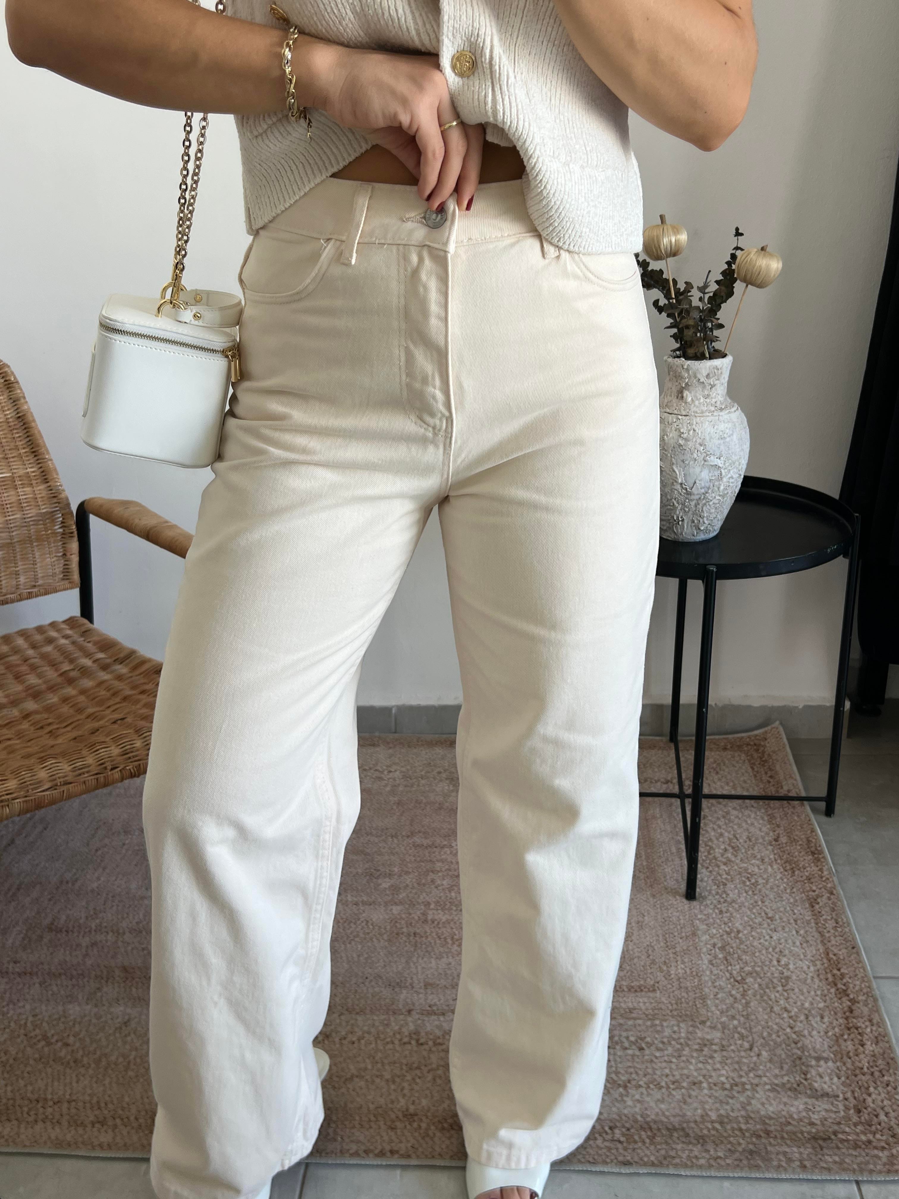 Likralı Yüksek Bel Ekru Denim 