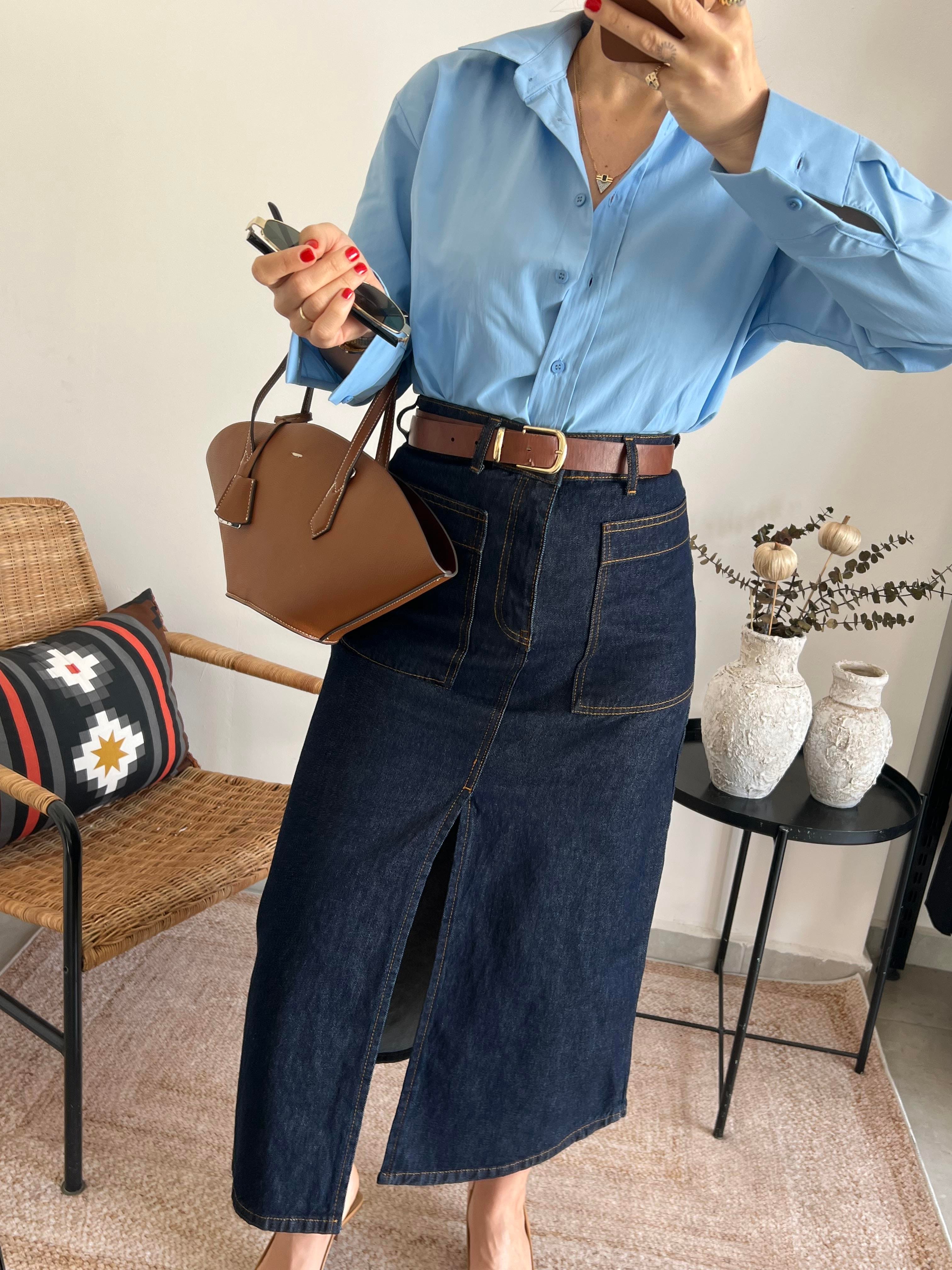 Önü Yırtmaçlı Yüksek Bel Denim Etek 