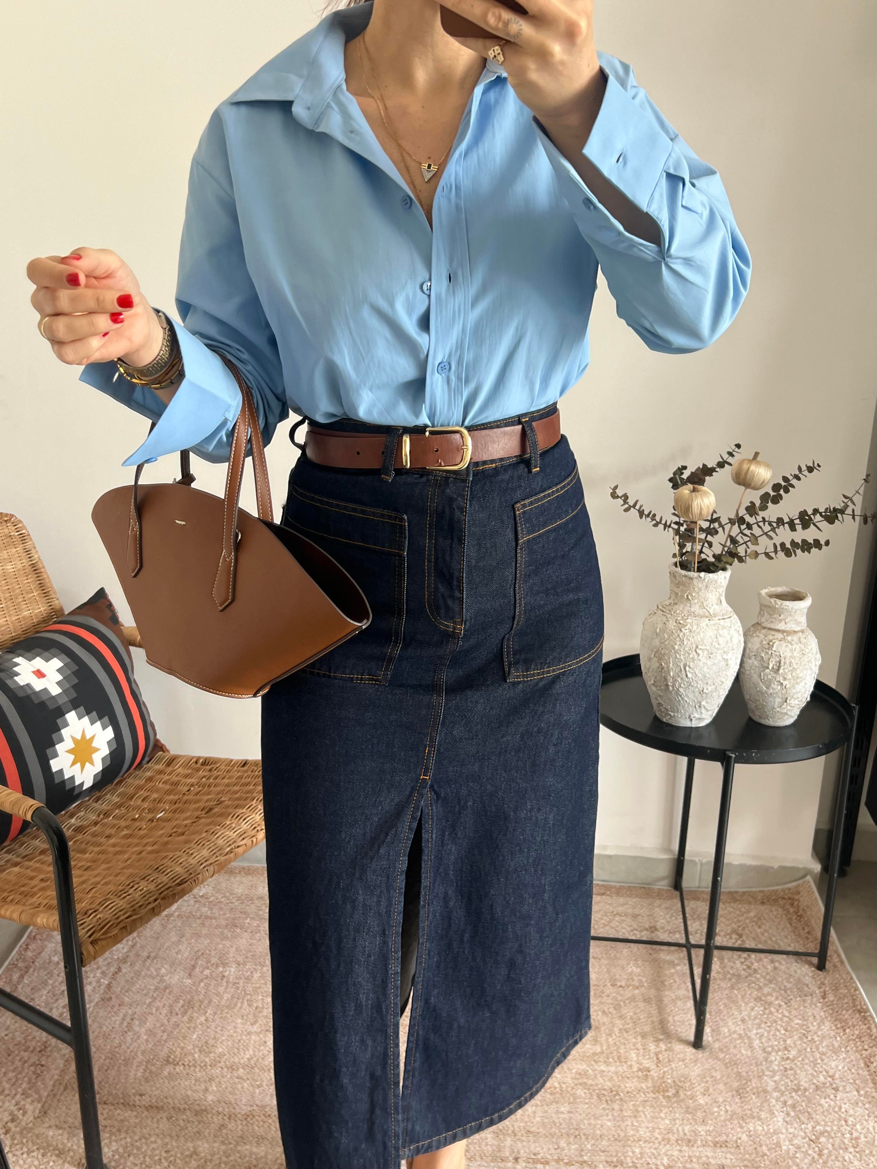 Önü Yırtmaçlı Yüksek Bel Denim Etek 