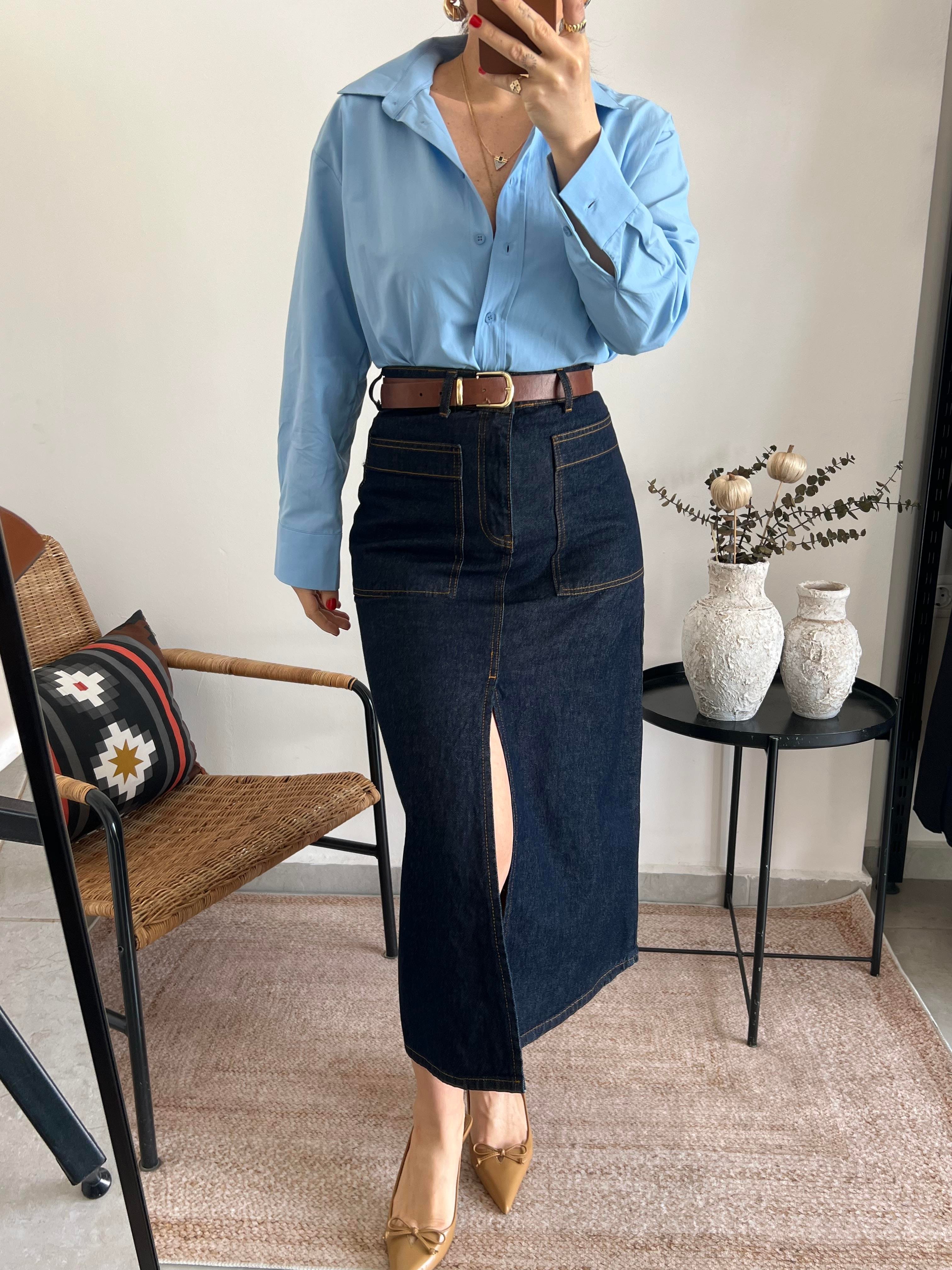 Önü Yırtmaçlı Yüksek Bel Denim Etek 