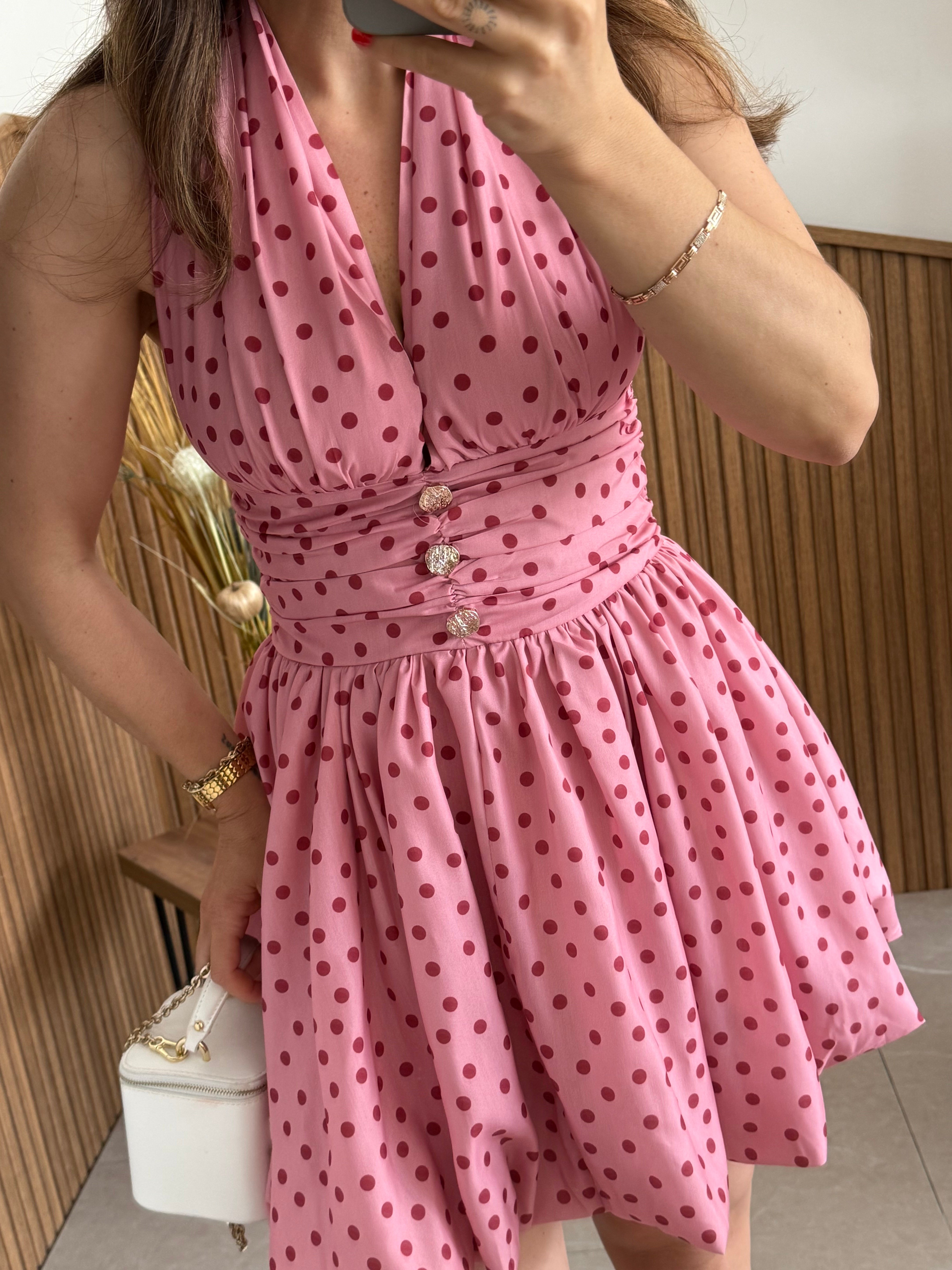 Pembe Kırmızı Puantiye Balon Elbise 