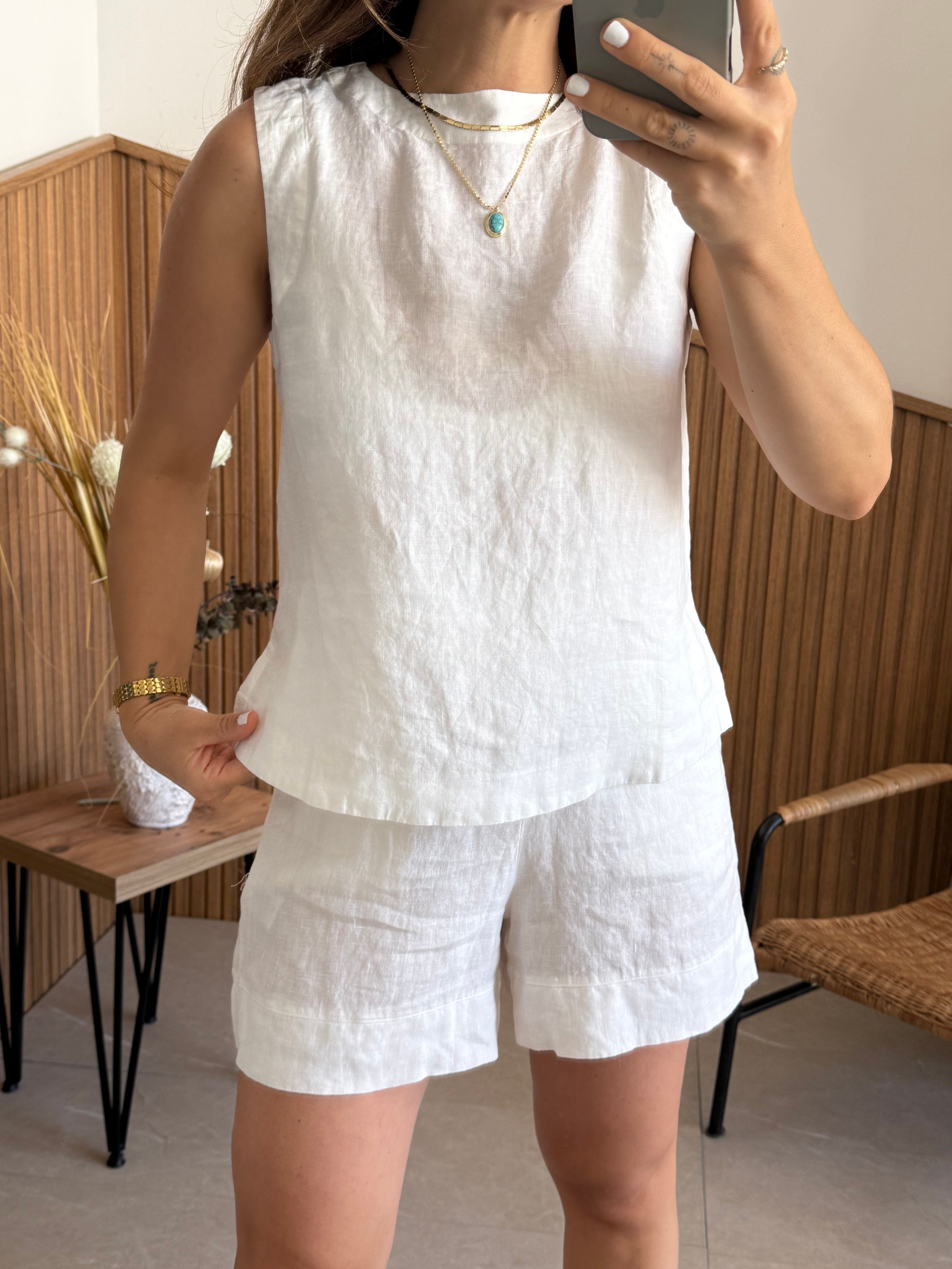 Premium % 100 Linen Beyaz Bluz 