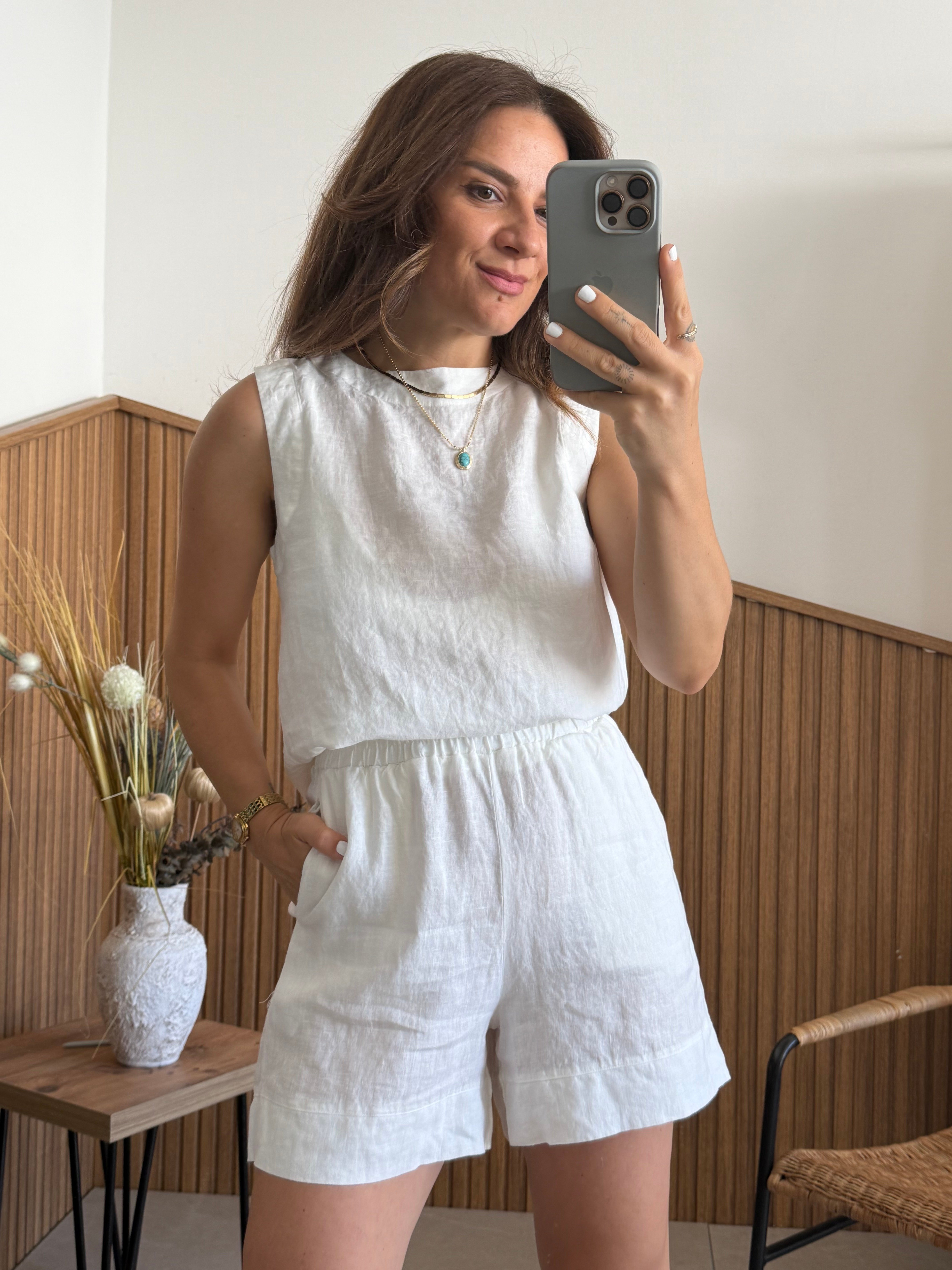 Premium % 100 Linen Beyaz Şort 