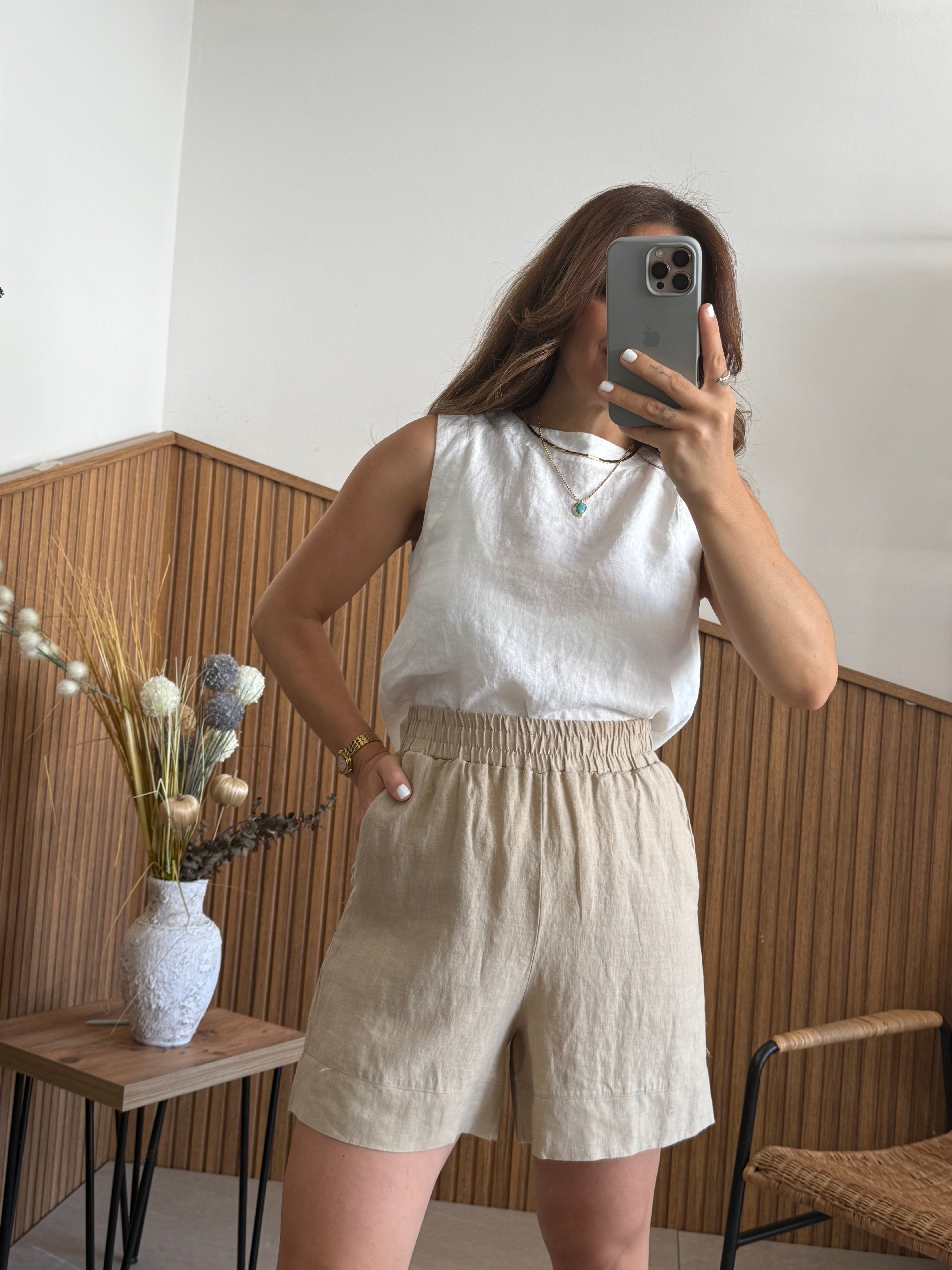 Premium % 100 Linen Kum Rengi Şort 