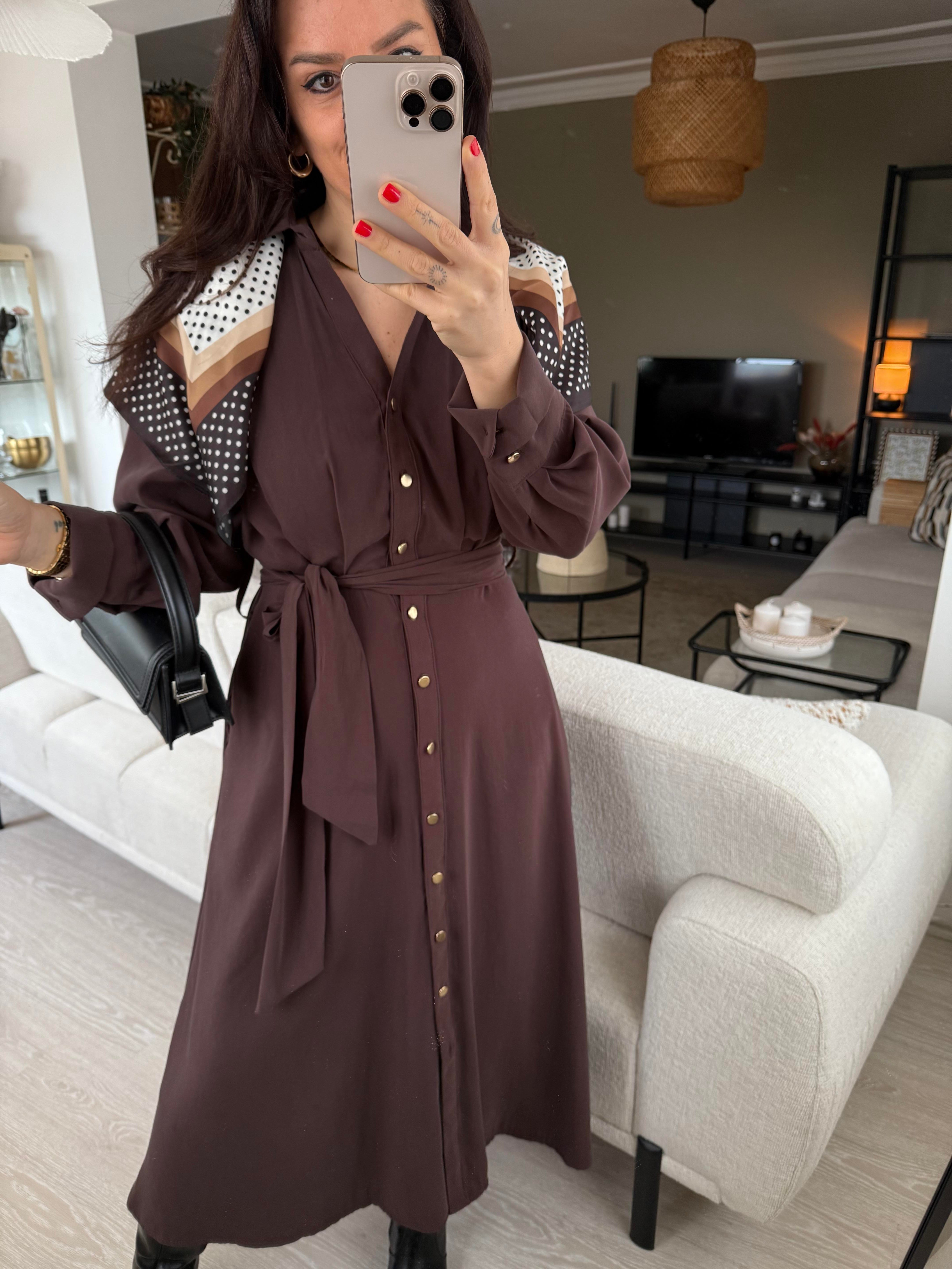 Premium Modal Kumaş Beli Lastikli Acı Kahve Elbise 