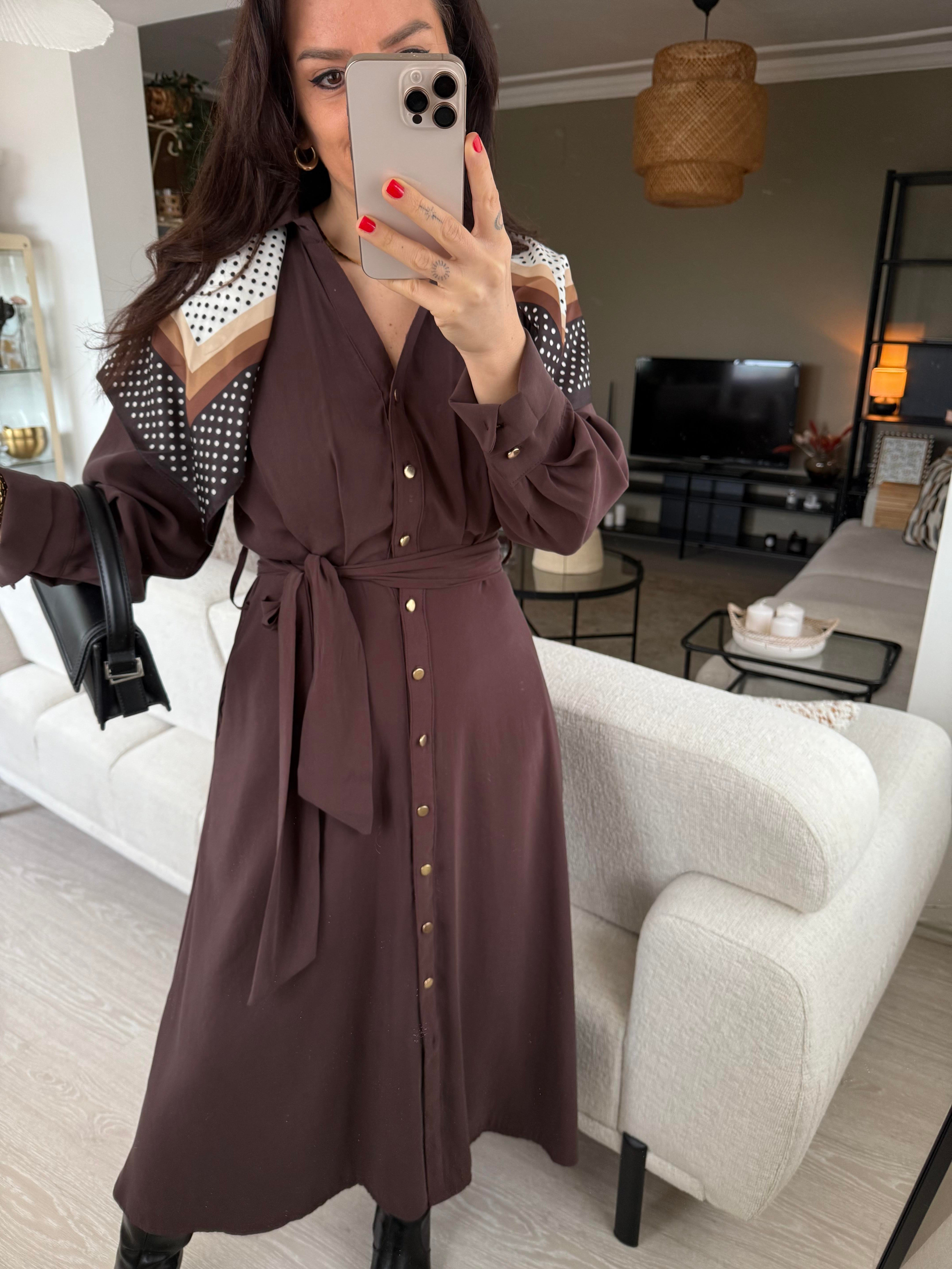 Premium Modal Kumaş Beli Lastikli Acı Kahve Elbise 
