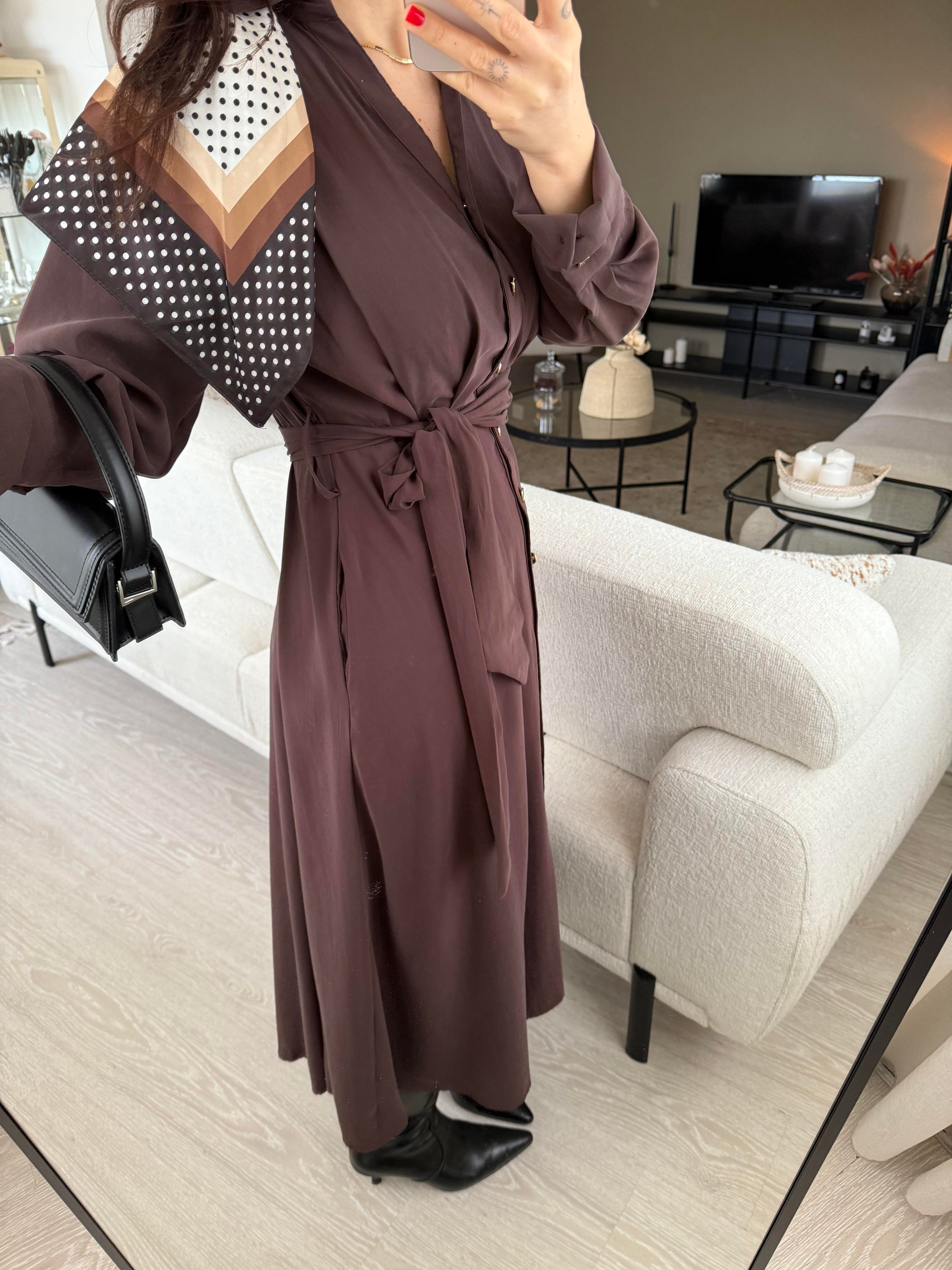 Premium Modal Kumaş Beli Lastikli Acı Kahve Elbise 