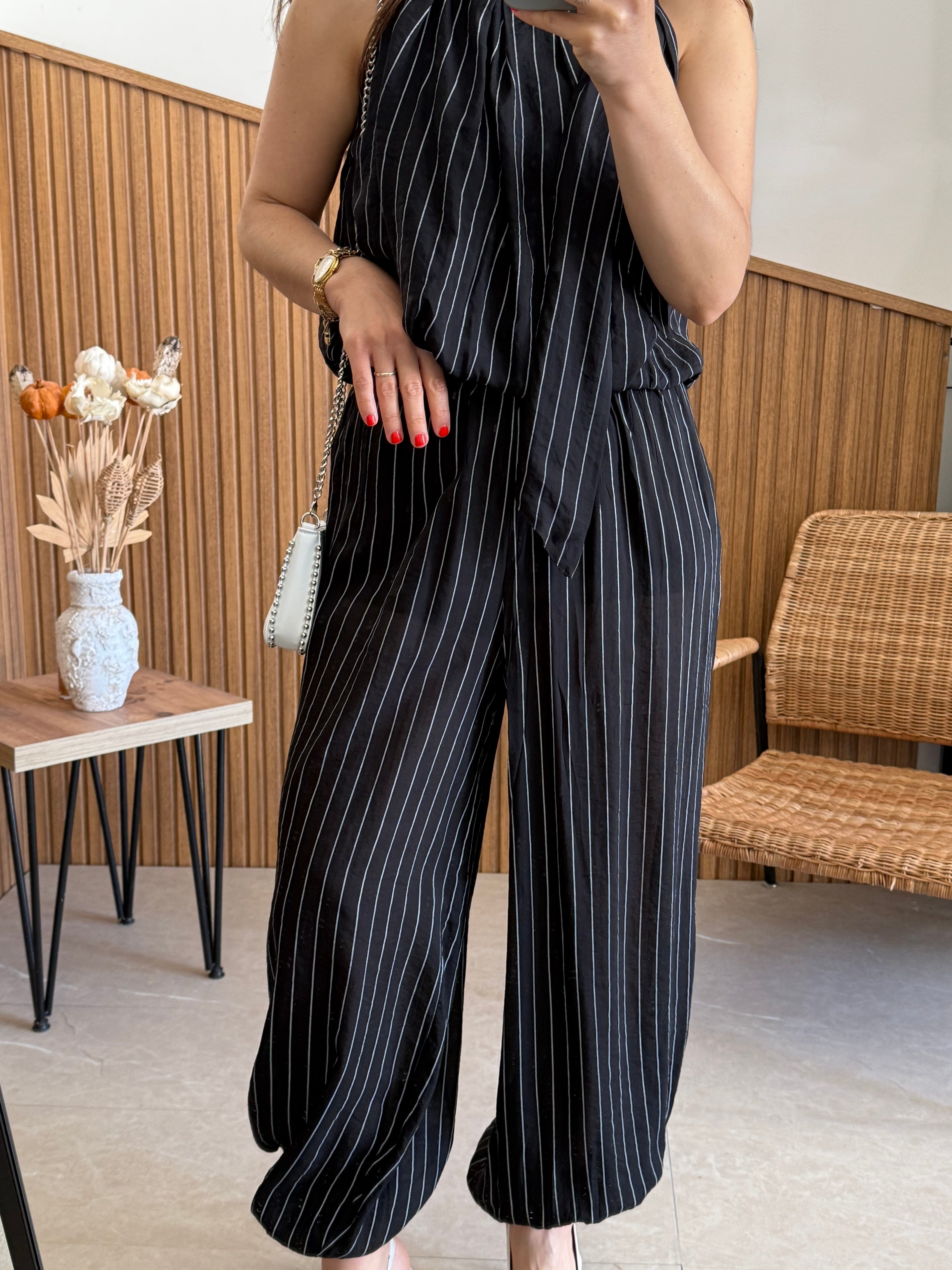 Premium Seri Pantolon Crop Çizgili Takım