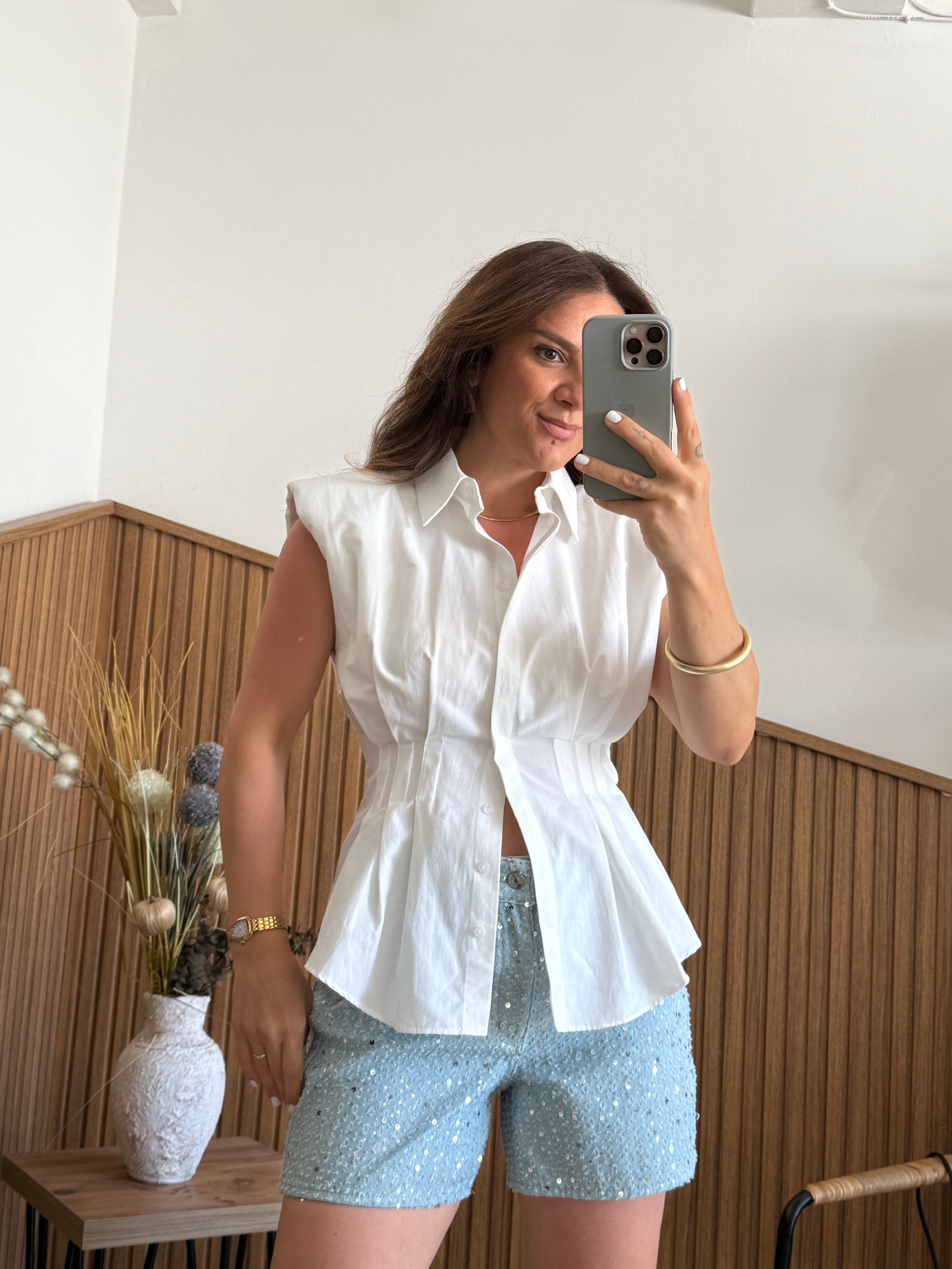 Pullu Mom Şort Açık Mavi