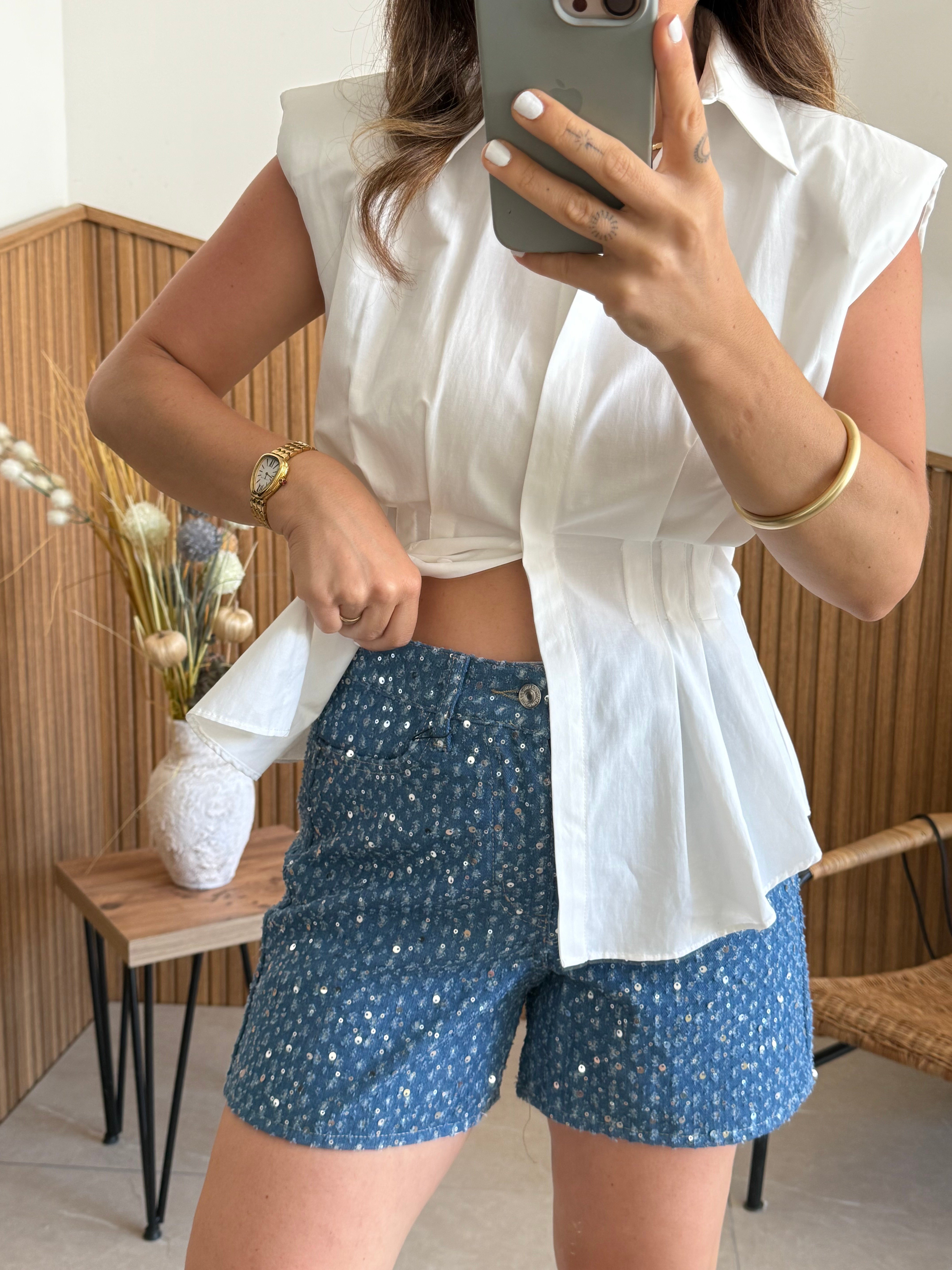 Pullu Mom Şort Koyu Mavi 