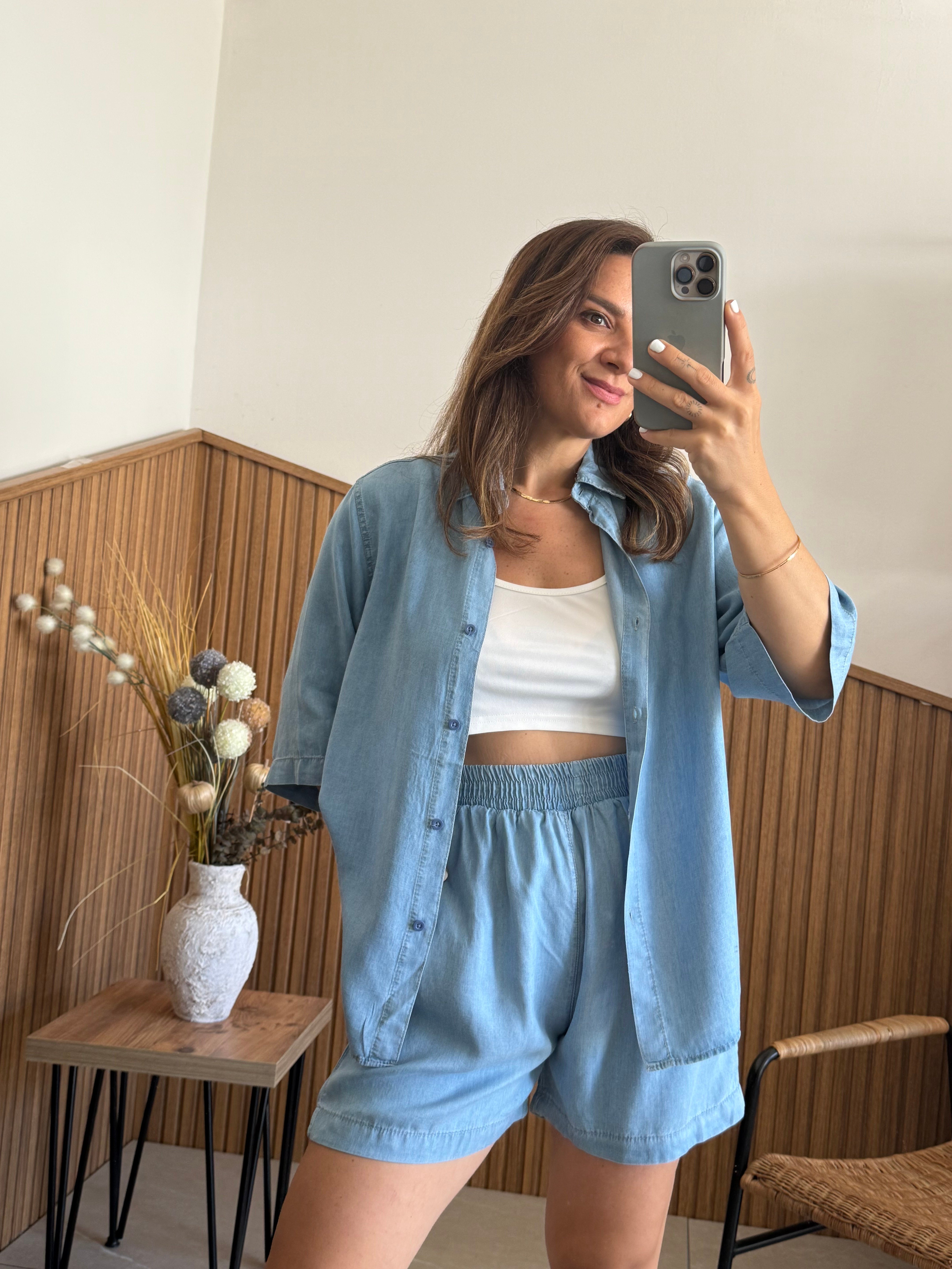 Tensel Denim Şortlu takım
