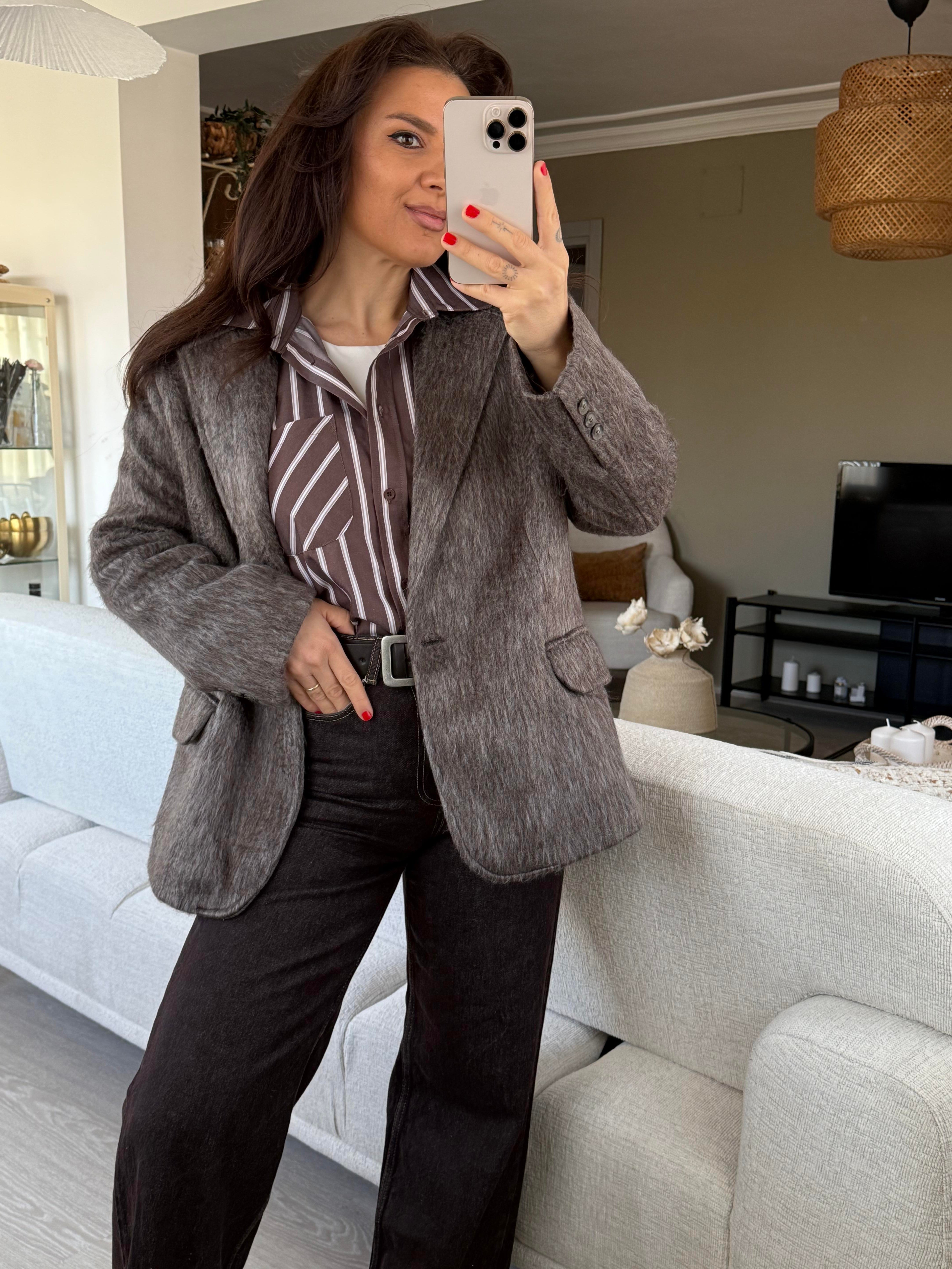 Tüylü Kahve Oversize Kaban 