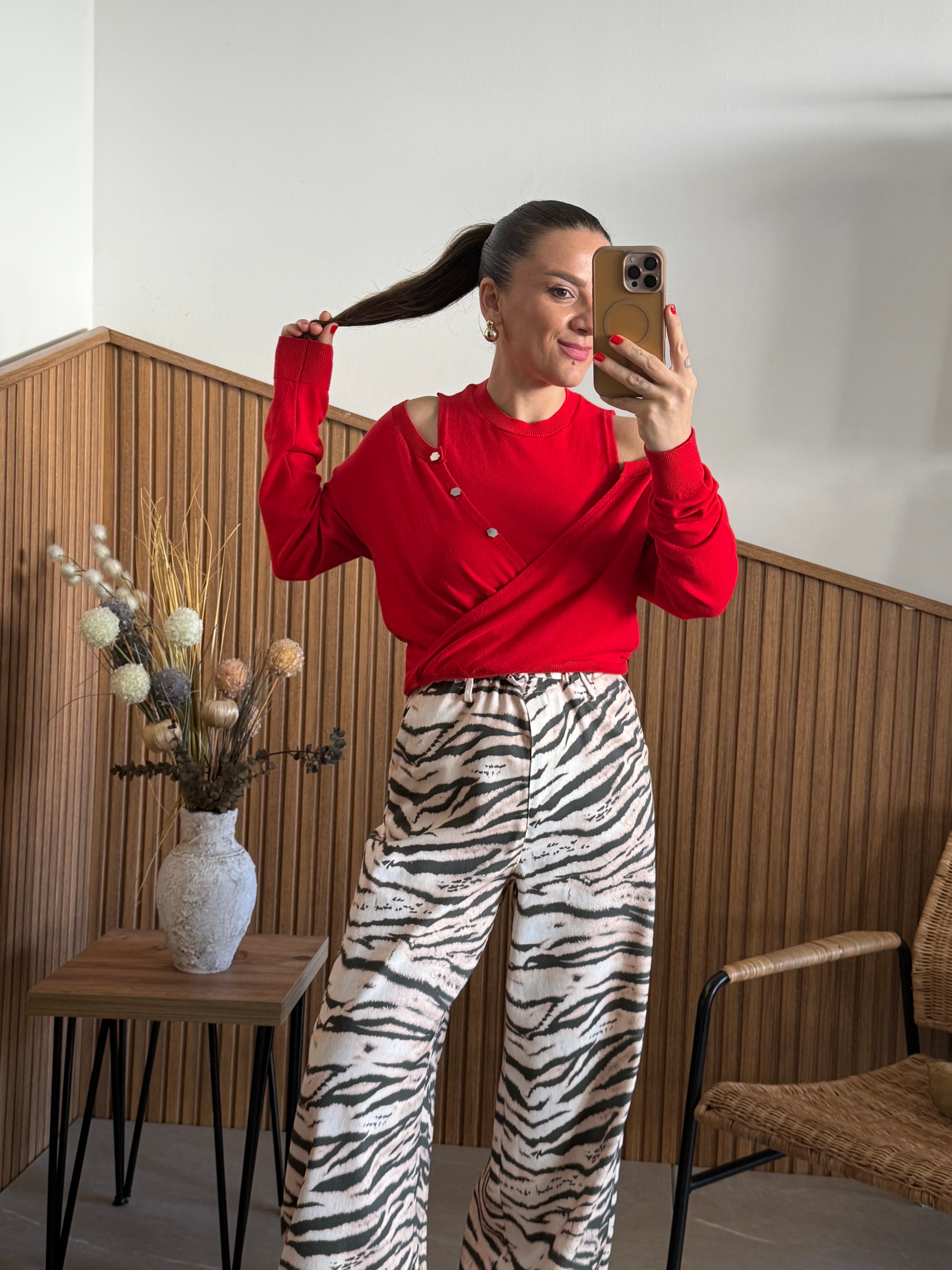 Zebra Desen Gabardin Beli Bağlamalı Pantolon 