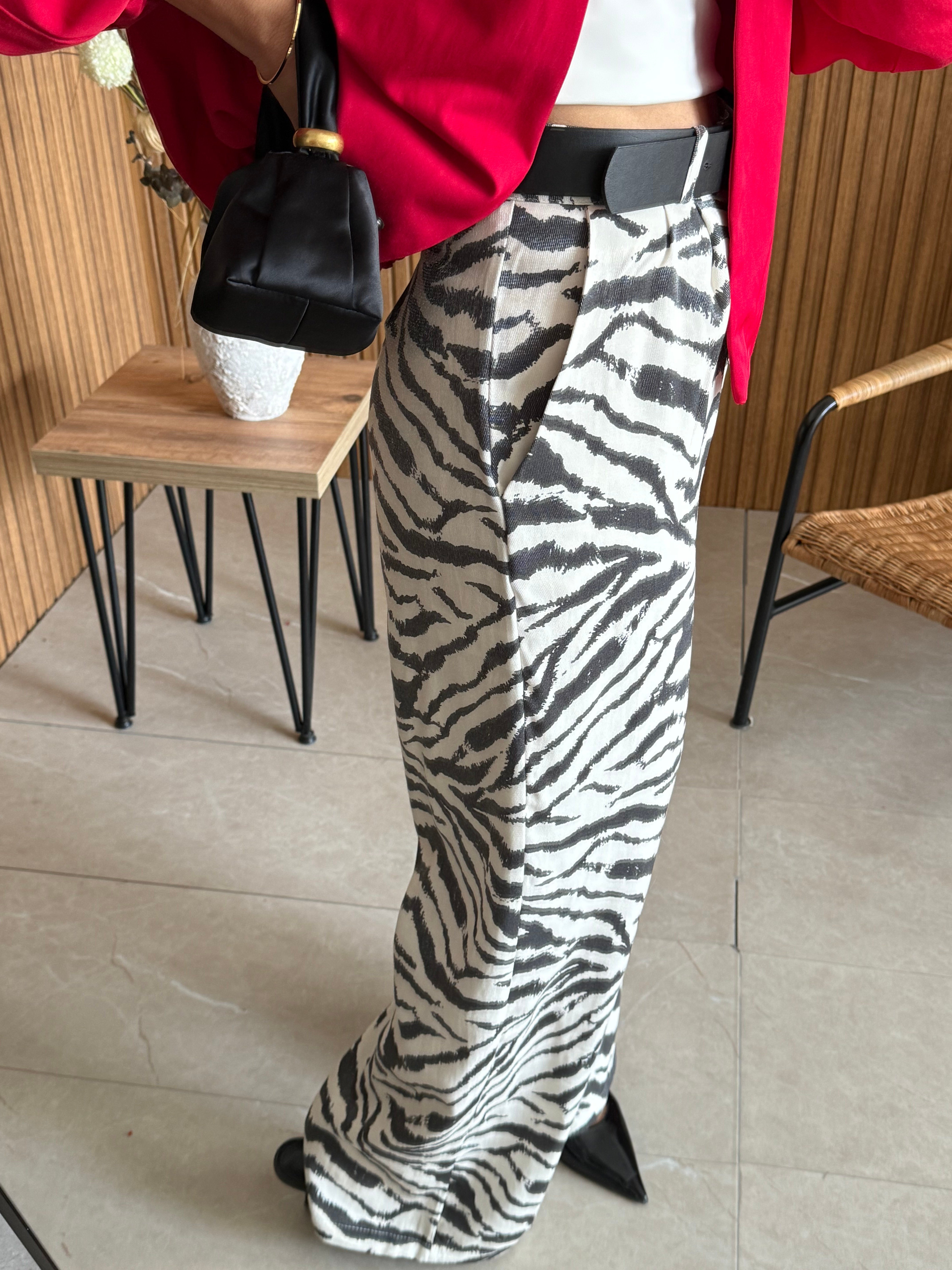 Zebra Desen Saten Palazzo Pantolon 