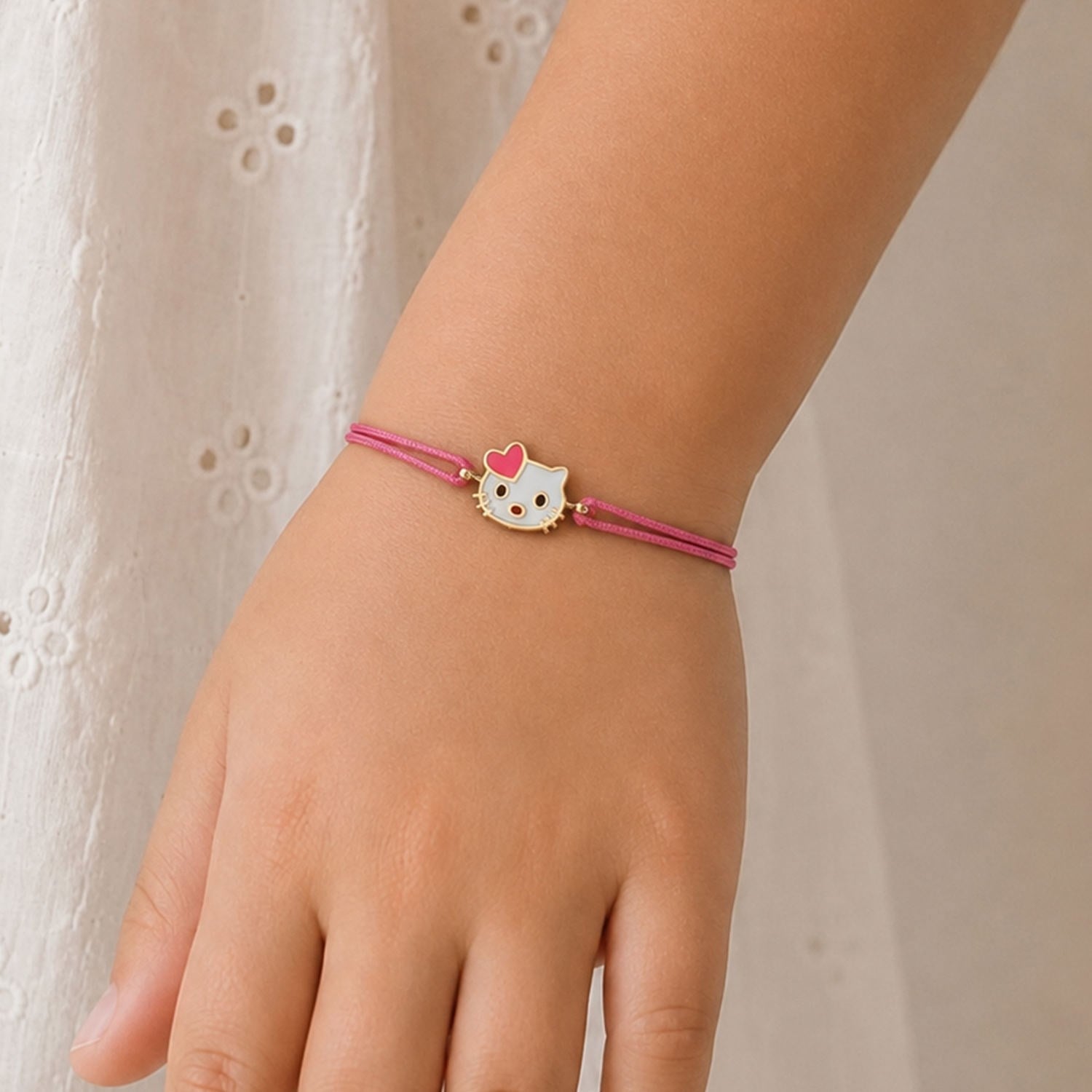 14 Ayar Altın Pembe İpli Kedi Motifli Kız Çocuk Bileklik
