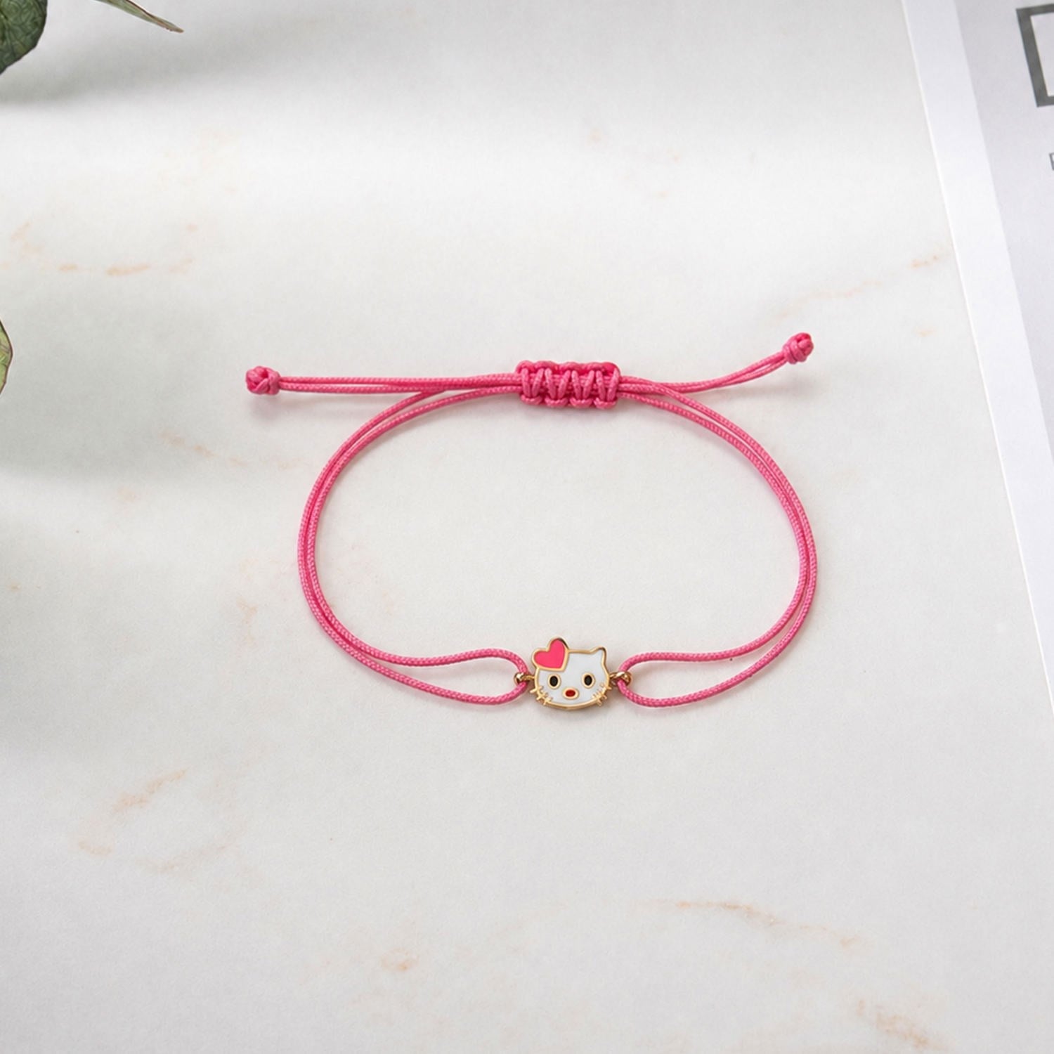 14 Ayar Altın Pembe İpli Kedi Motifli Kız Çocuk Bileklik