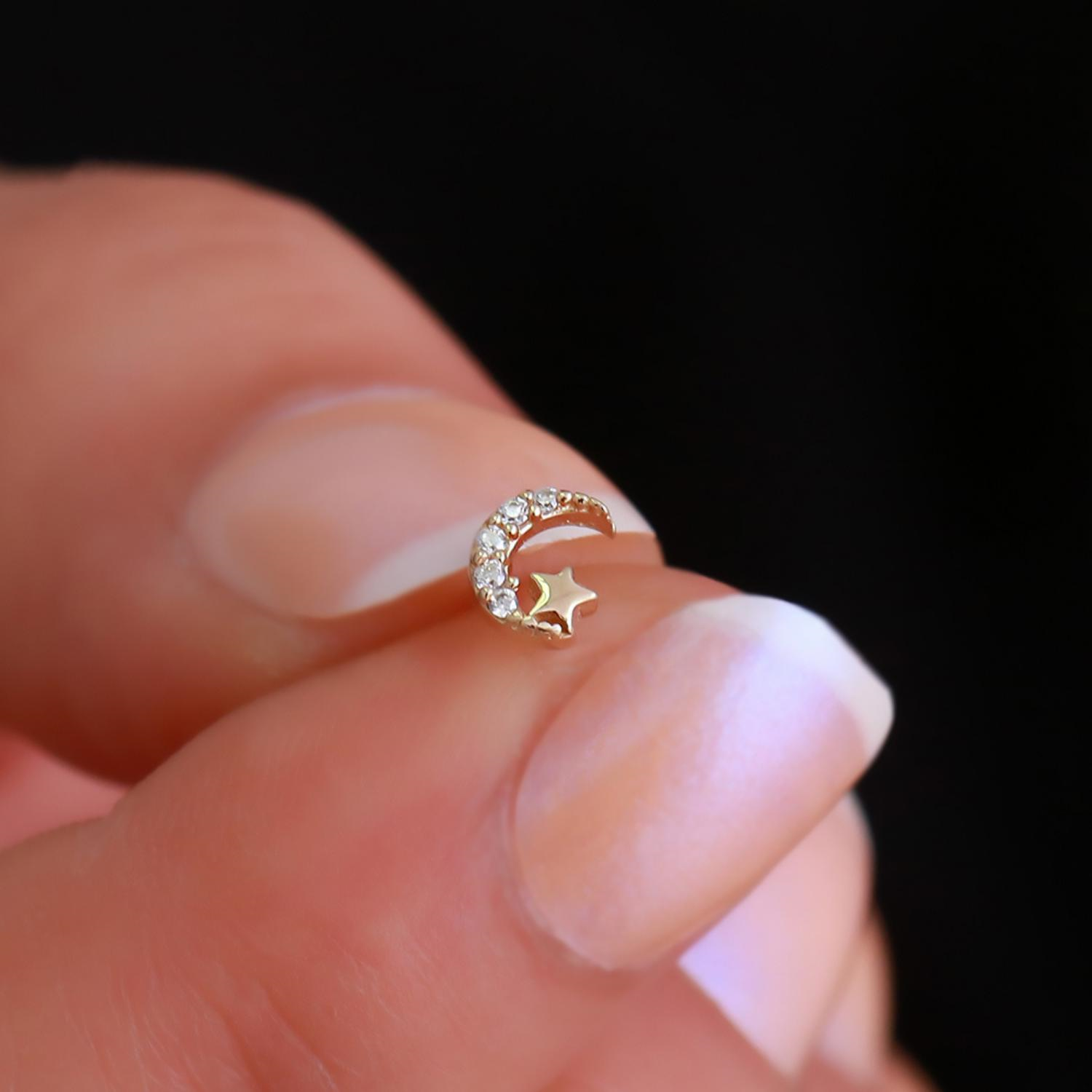 14 Ayar Altın Taşlı Ay Yıldız Tragus Piercing