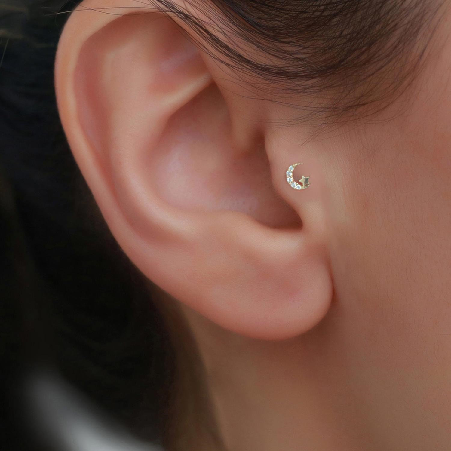 14 Ayar Altın Taşlı Ay Yıldız Tragus Piercing