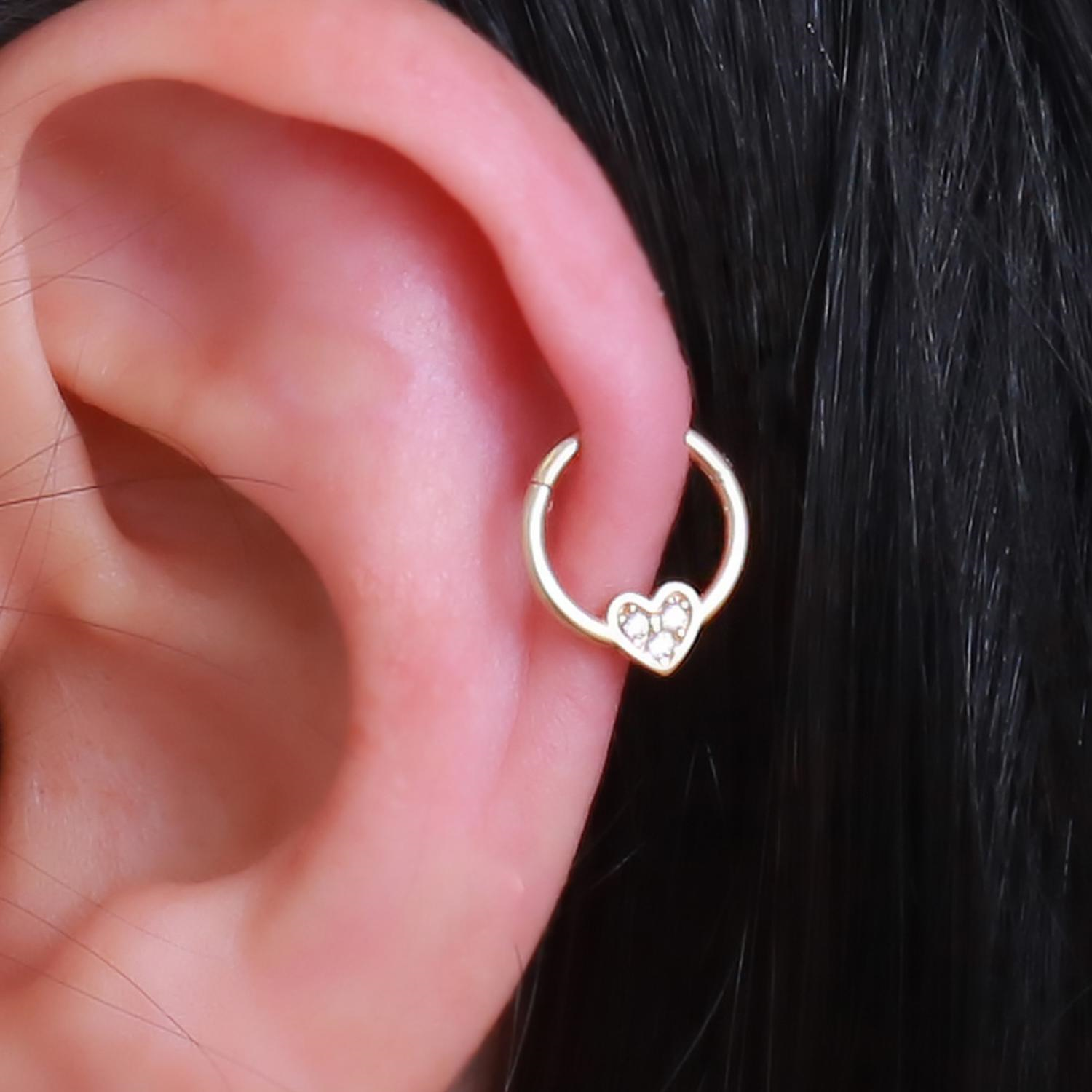 14 Ayar Altın Taşlı Kalp Halka Tragus Piercing