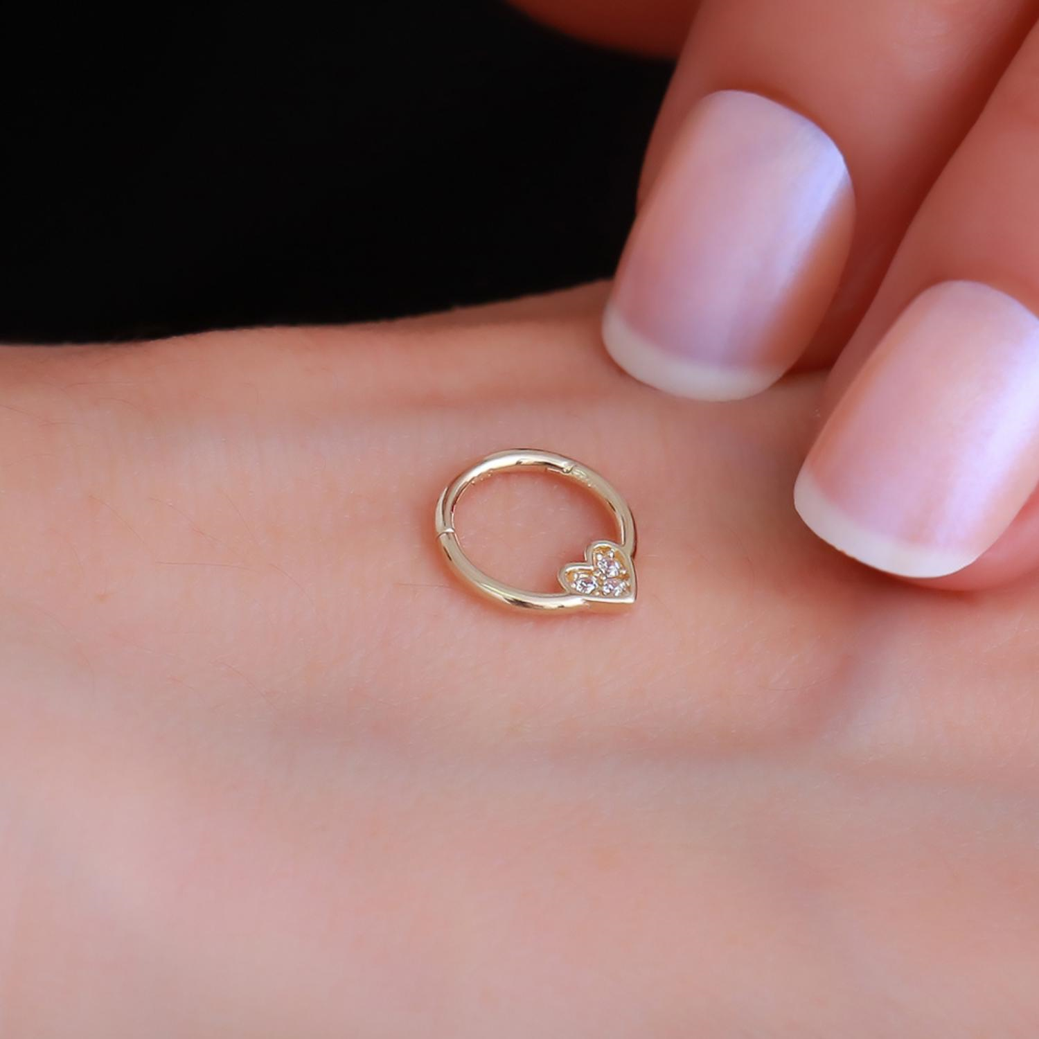 14 Ayar Altın Taşlı Kalp Halka Tragus Piercing
