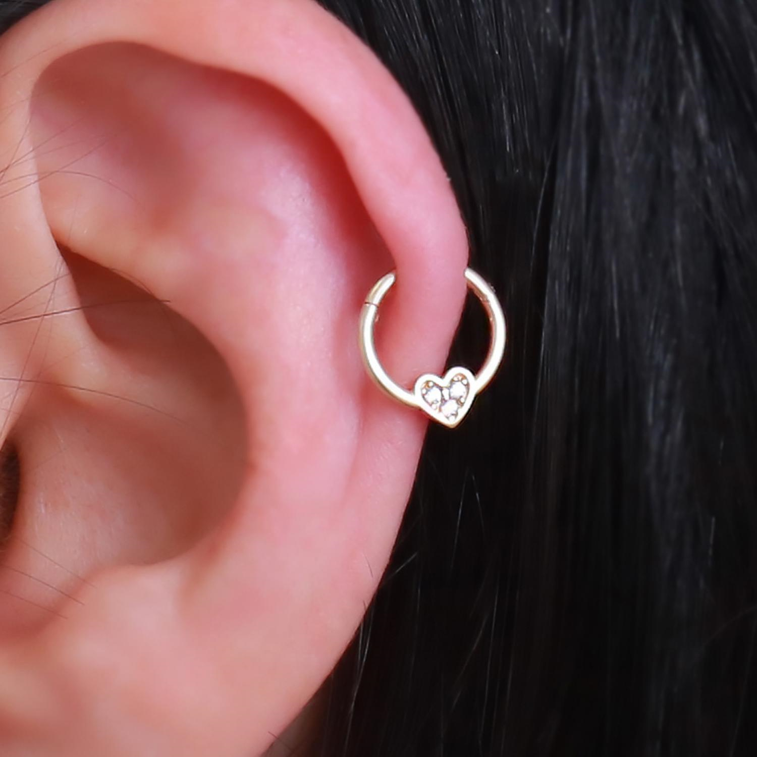 14 Ayar Altın Taşlı Kalp Halka Tragus Piercing