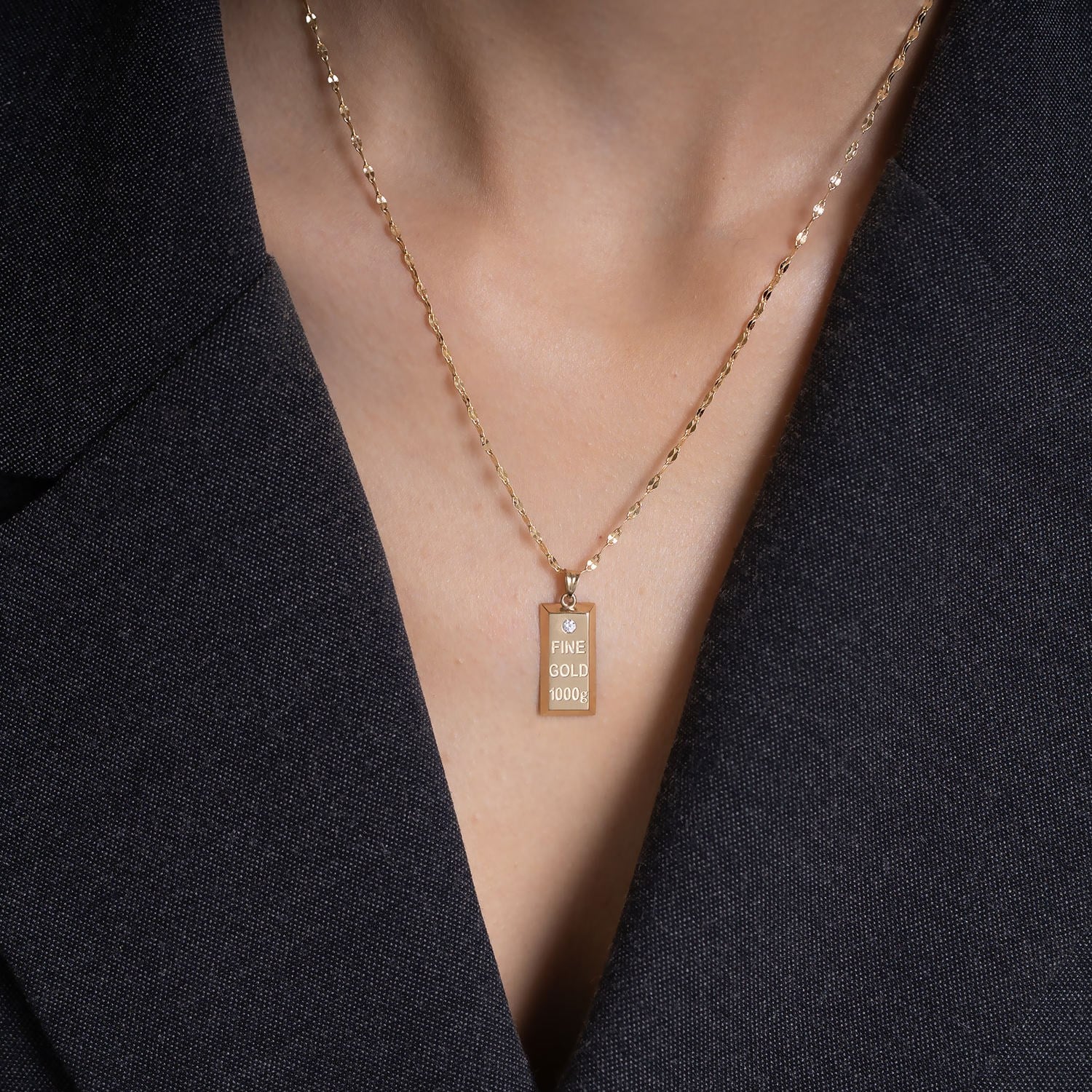14 Ayar Altın Taşlı Külçe Kolye 2,5 cm