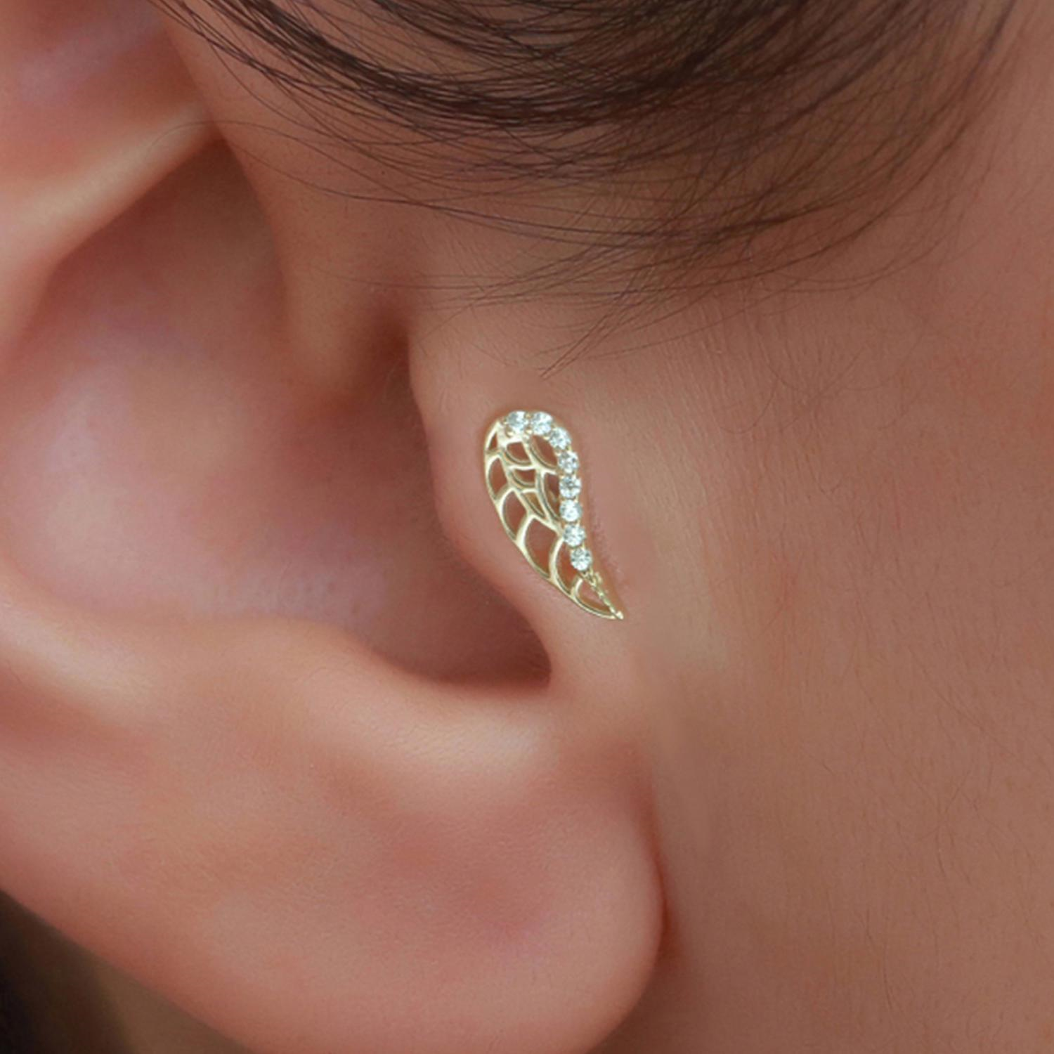 14 Ayar Altın Taşlı Melek Kanadı Tragus Piercing