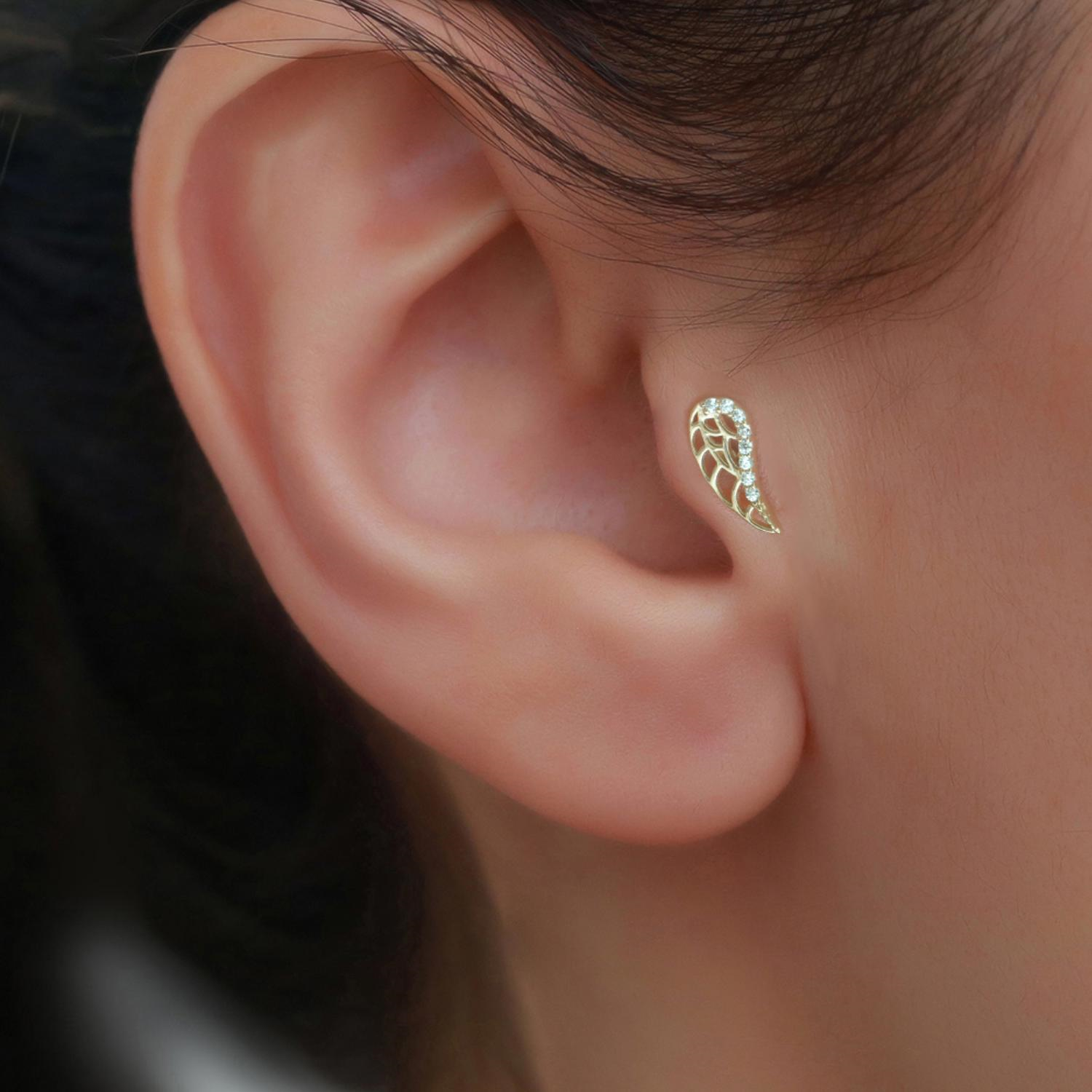 14 Ayar Altın Taşlı Melek Kanadı Tragus Piercing
