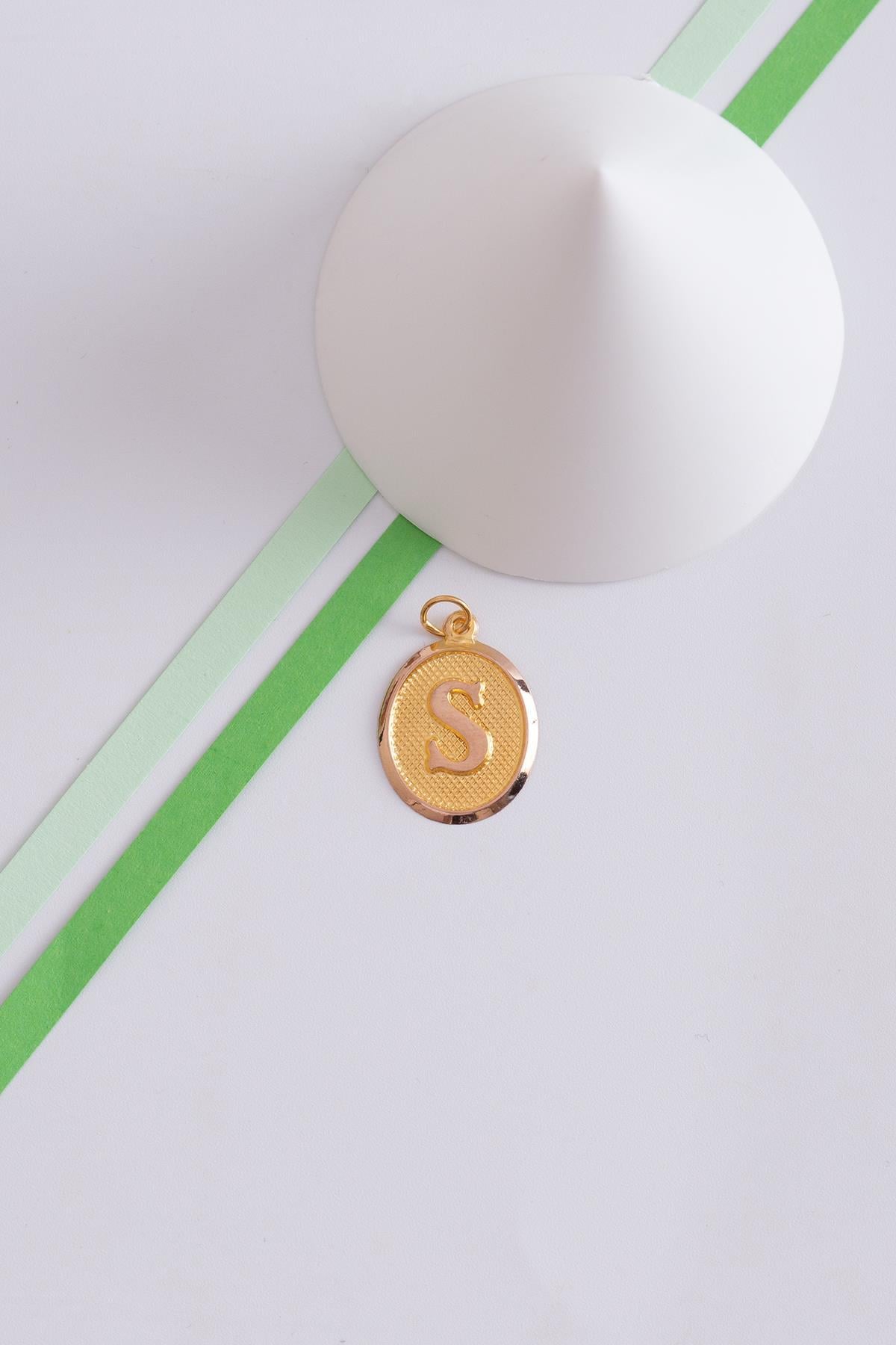 14 Ayar Altın Vintage Oval S Harf Kolye Ucu