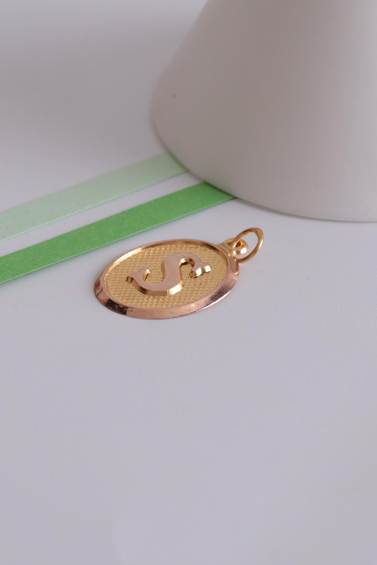 14 Ayar Altın Vintage Oval S Harf Kolye Ucu