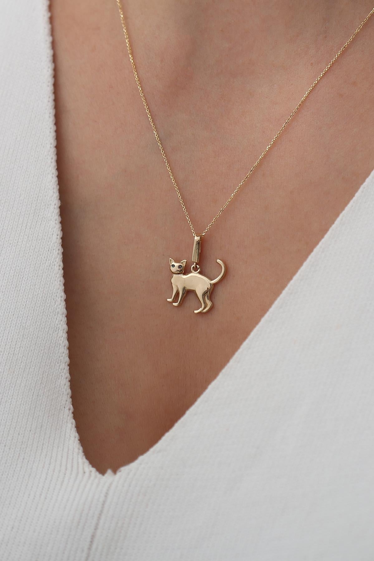 14 Ayar Siyah Taşlı Kedi Kilitli Charm Kolye Ucu