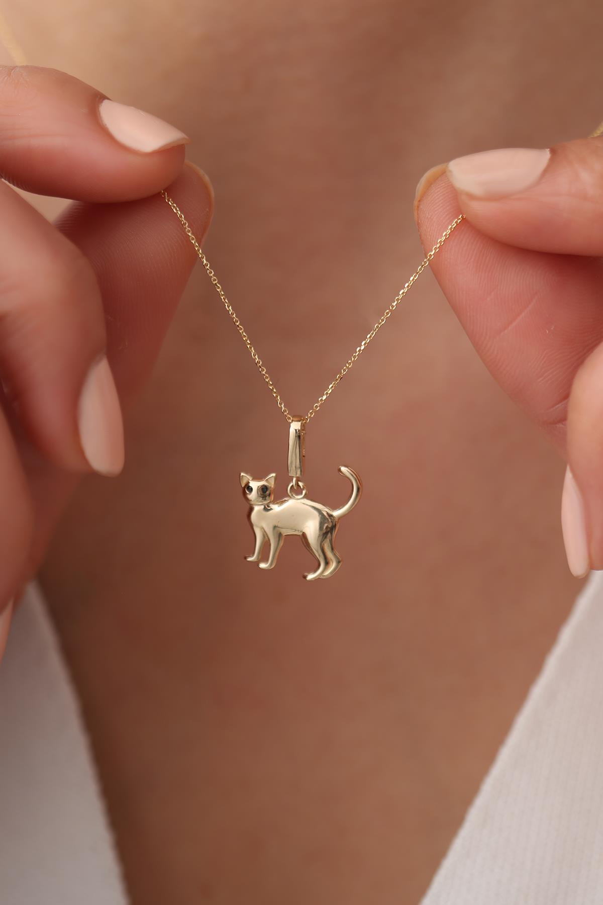 14 Ayar Siyah Taşlı Kedi Kilitli Charm Kolye Ucu