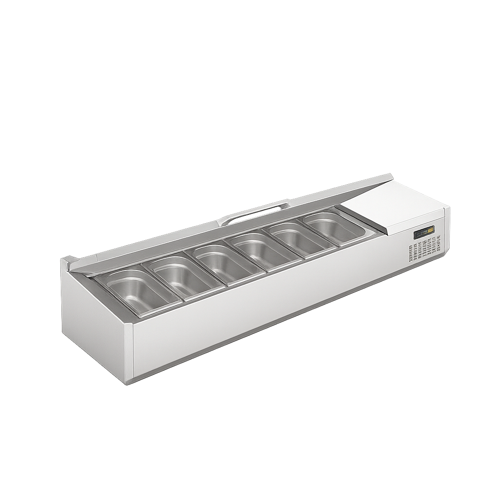 Ndustrio Paslanmaz Kapak 7 Adet 1/4 GN Küvetli Set Üstü Teşhir Dolabı  TTR-150 SC